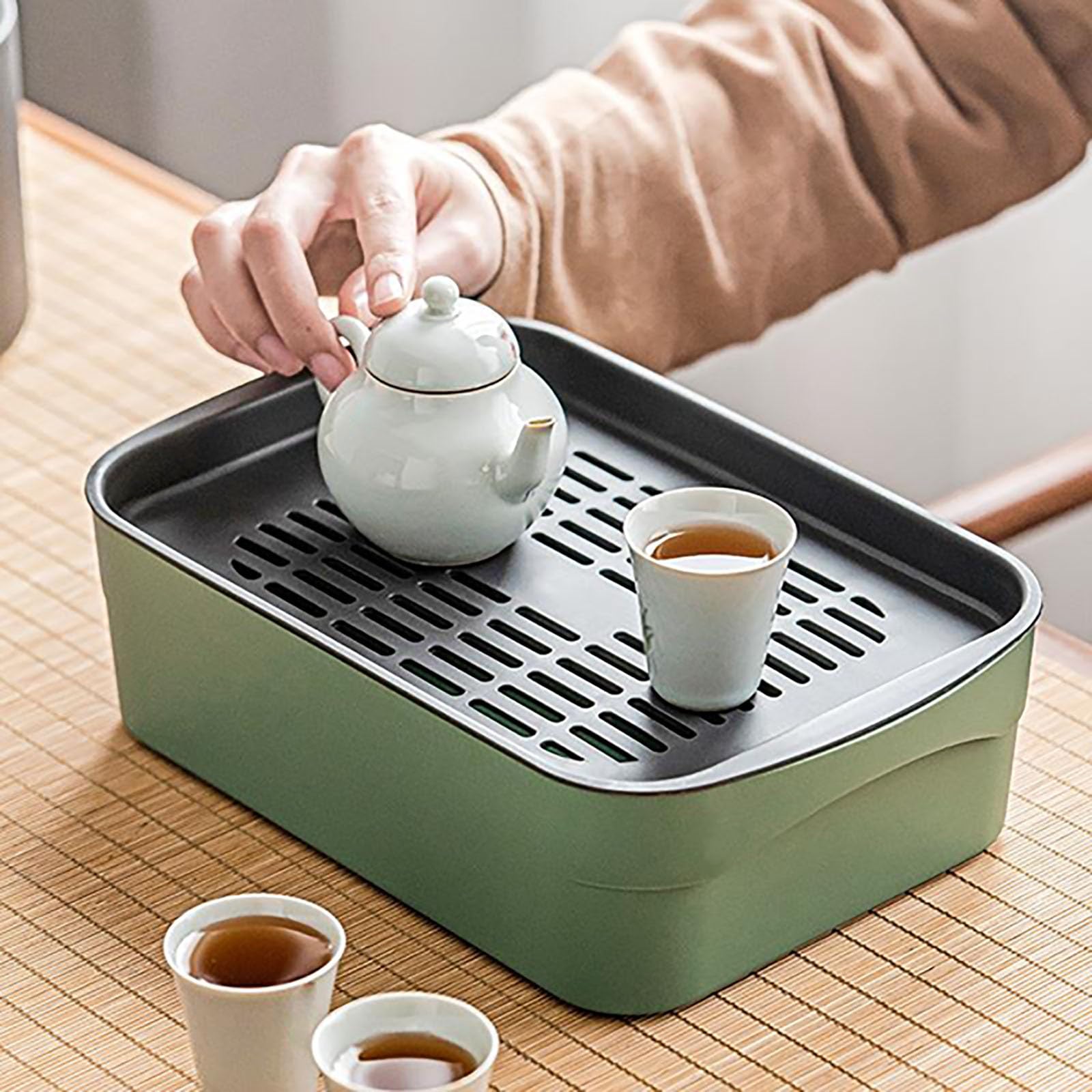 Tragbare Abtropfschale mit Ablaufgitter-Design, Kunststoff-Wasserschale für Zuhause, Büro, Reisen, Tee-Set (grau, 23,5 x 15,5 x 6,5 cm), vielseitig, leicht zu reinigen, Anti-Auslauf-Lösung