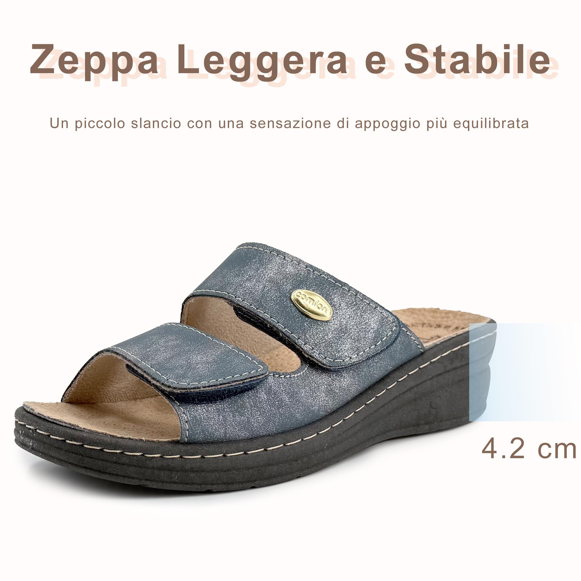 JOMIX Ciabatte Donna Ortopediche con Strappo Pantofole Estive Anatomiche Ergonomiche Plantare Estraibile in Vera Pelle Sandali Comidi Regolabili con Zeppa per Anziana e Piedi Sensibili