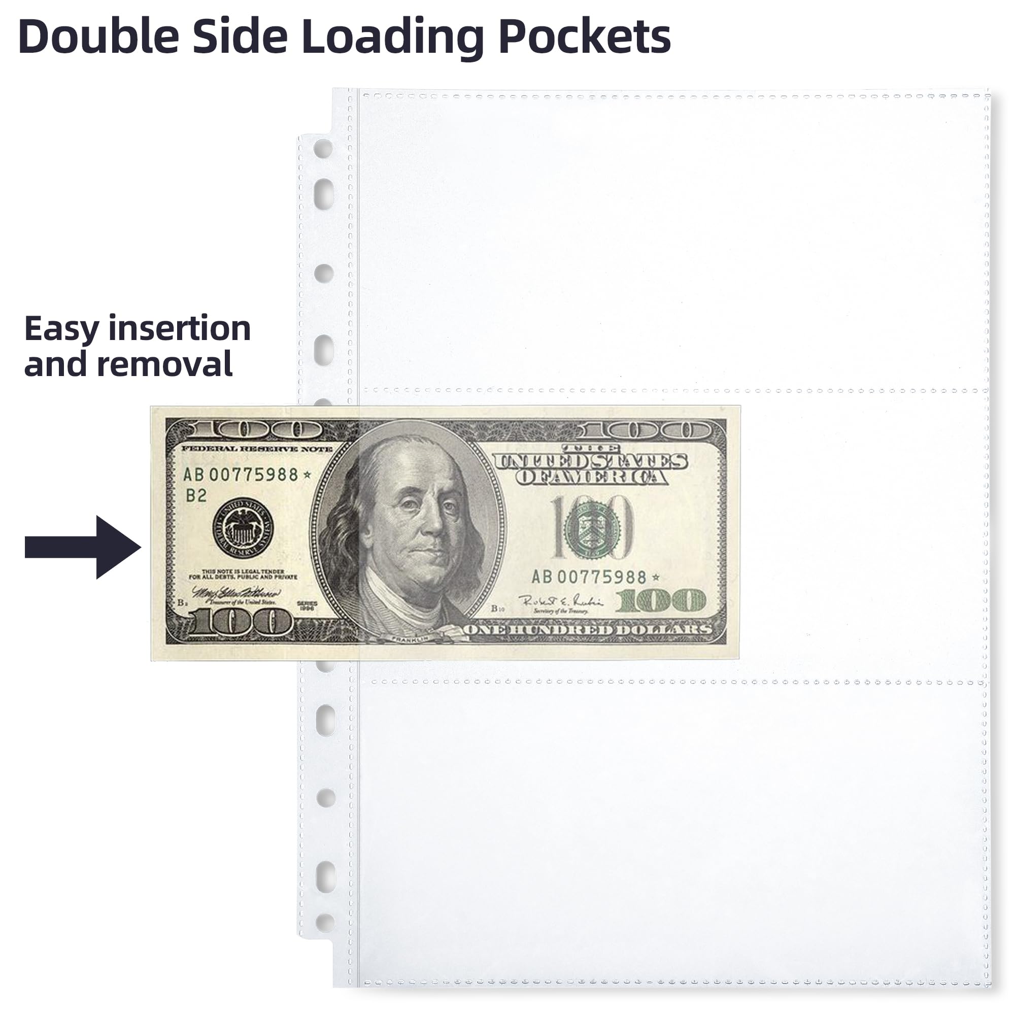 WUSJCOF 60 Pochettes Double Face Pour Billets – 11 Fenêtres, Adaptées Classeur 2/3/4 Anneaux, Collection De Monnaies Et Souvenirs