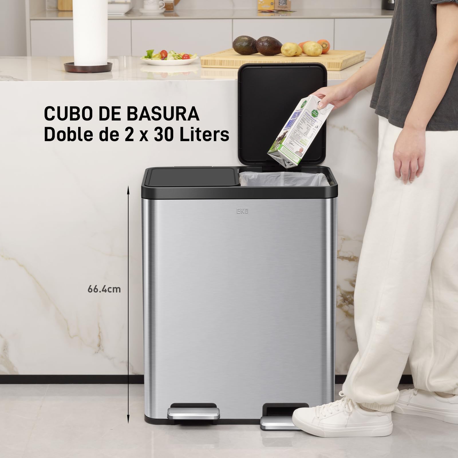 EKO | Kosz kuchenny 30 l + 30 l z podwójnym pedałem | kosz na śmieci ze stali nierdzewnej zapobiegający odciskom palców z elegancką pokrywką z żywicy | oddzielny recykling i kosze na śmieci |