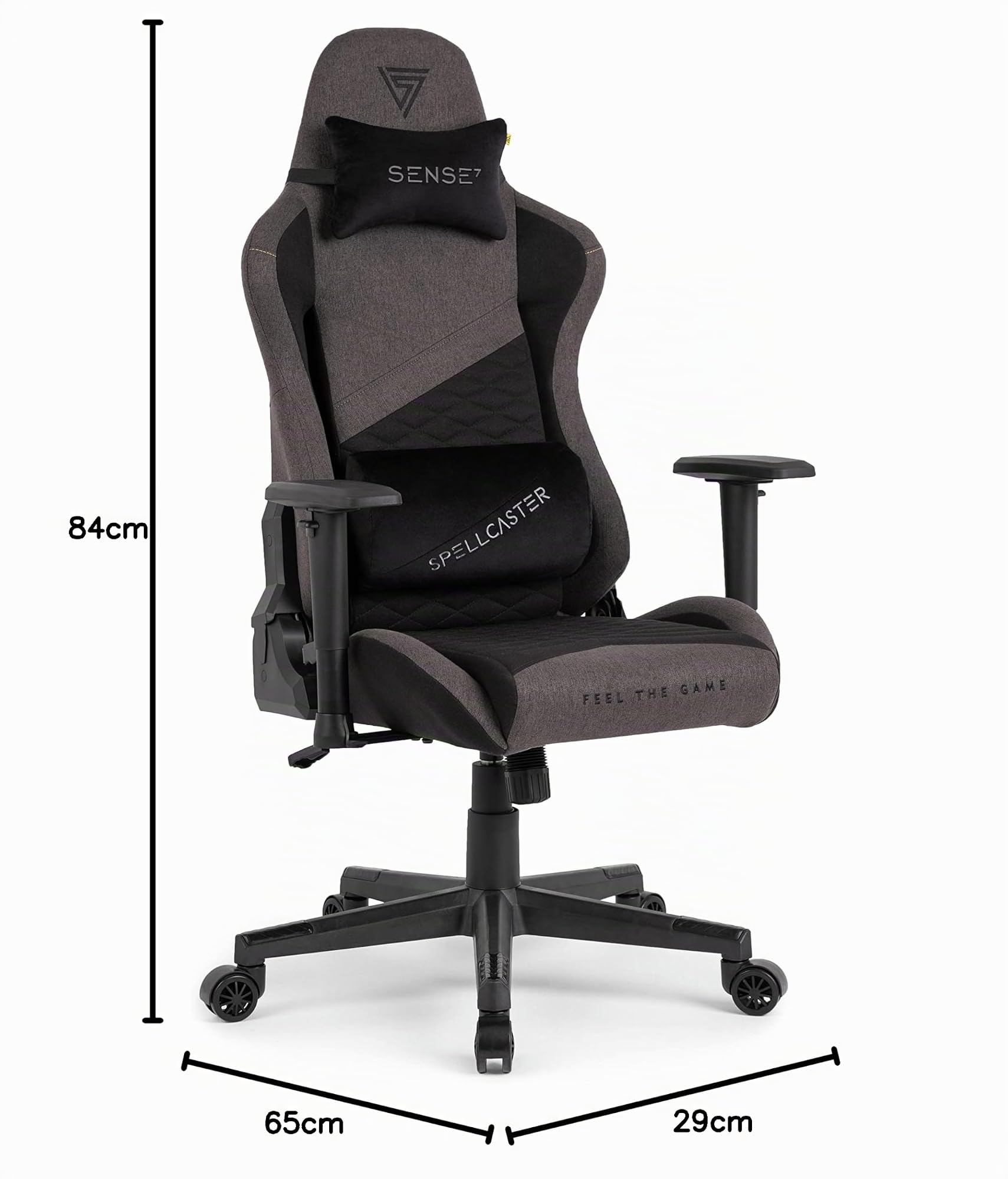 SENSE7 Poltrona da gioco Spellcaster Edizione Senshi, ergonomico, cuscini lombari regolabili, inclinazione regolabile, funzione di oscillazione, sedia da gioco in tessuto, 150kg, sedia PC grigia