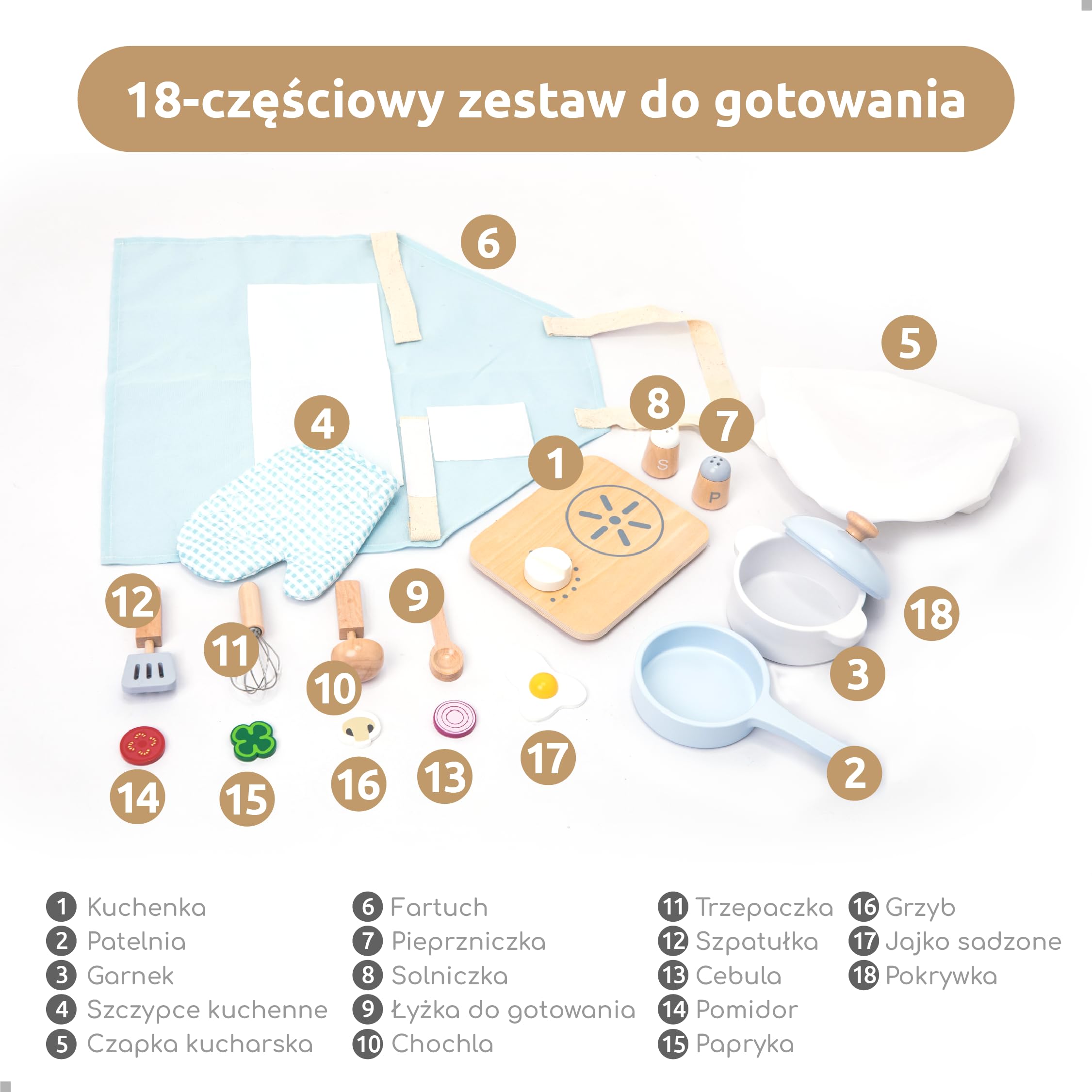 UMU drewniany zestaw kuchenny dla dzieci z naczyniami, garnkami, patelniami, fartuchami, żywnością