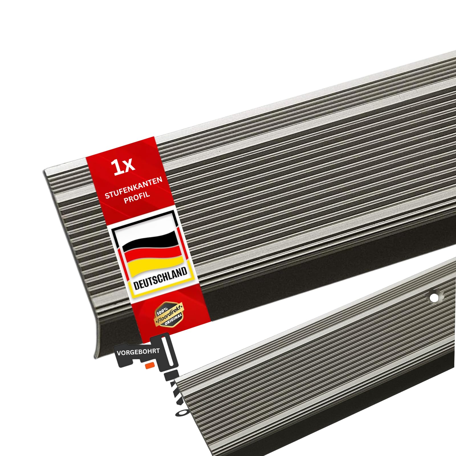 Stufenkantenprofil Integral - L-Form - Vorgebohrt oder Selbstklebend - Inkl. Montagematerial - Aluminium Treppenkantenprofil