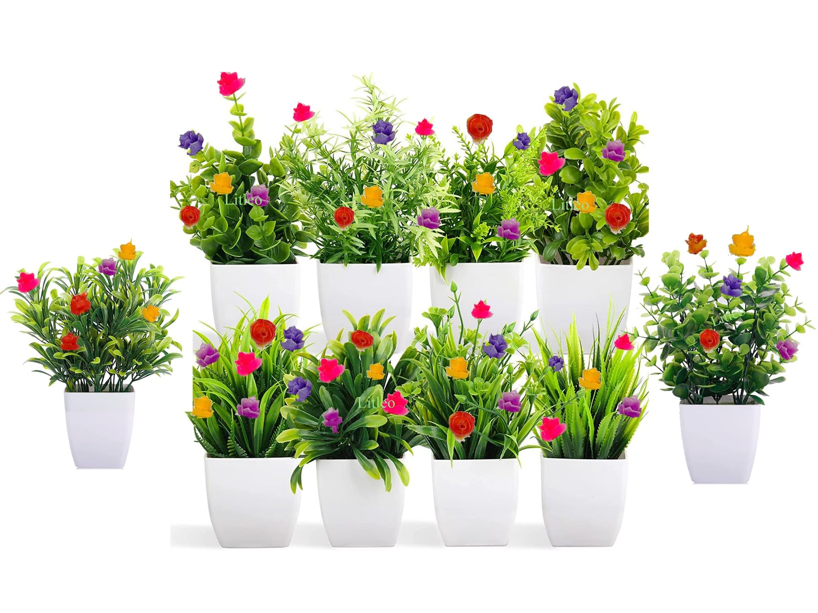 Litleo Mini for Home Office Gift School Project Bonsai Artificial Plant with Pot (14 cm, Multi) (Pack of 10)