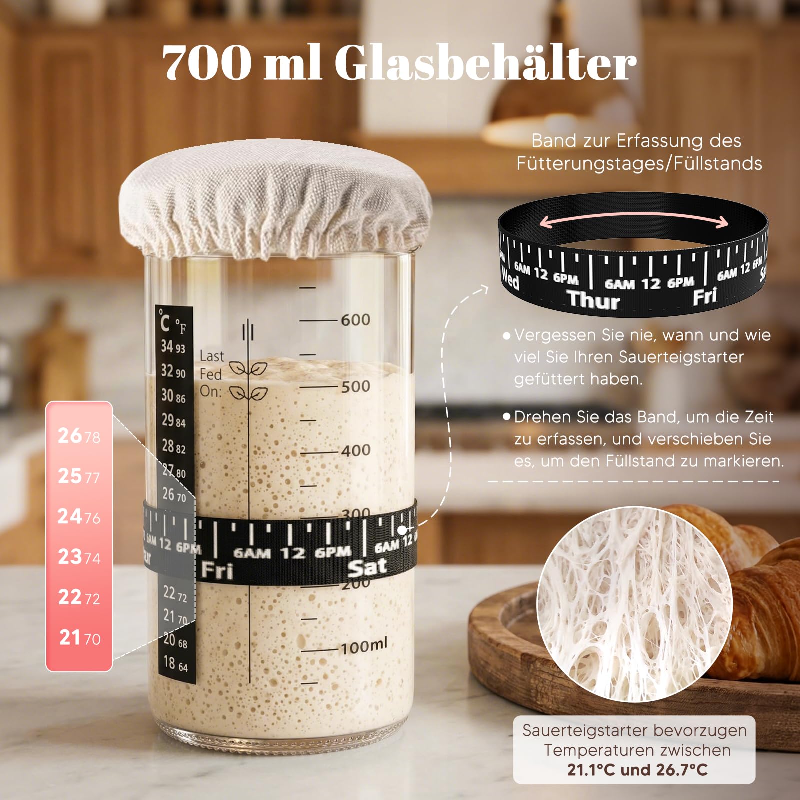MQFORU 12-Teiliges Sauerteig Starter Set, 2 Klappbare Silikon Gärkörbe (29cm Ovale & 28cm Runde), 730ML Sauerteig Glas Set, Komplettes Brot Backen Zubehör für Anfänger & Erfahrener Bäcker