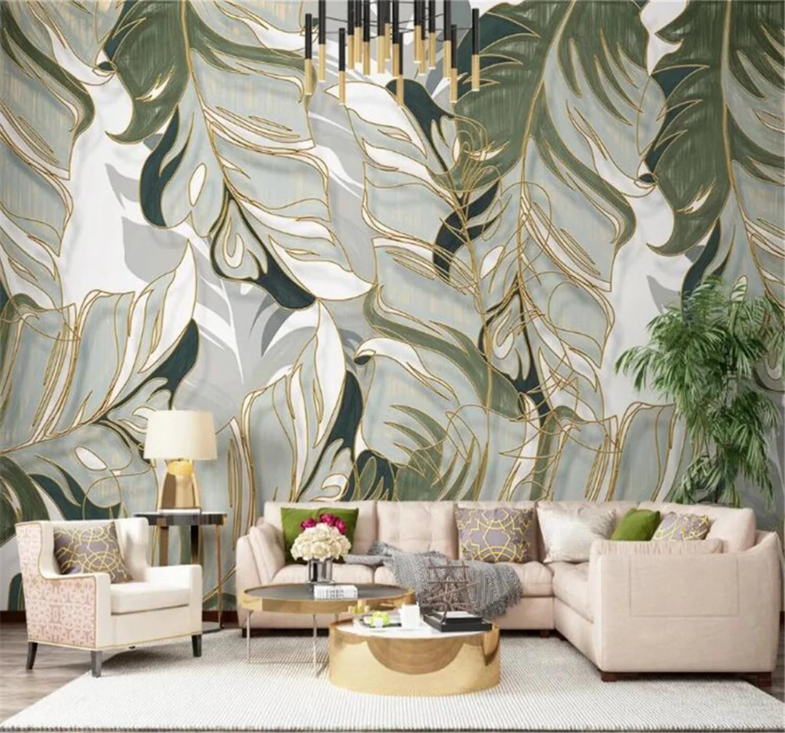 Tzxztt Luxurious Hand Drawn Plants Leaves Lines Modern 3D Wallpaper Premium Textured Silk Neutral Tones Material Ideal for Living Room Bedroom-400cm×280cm