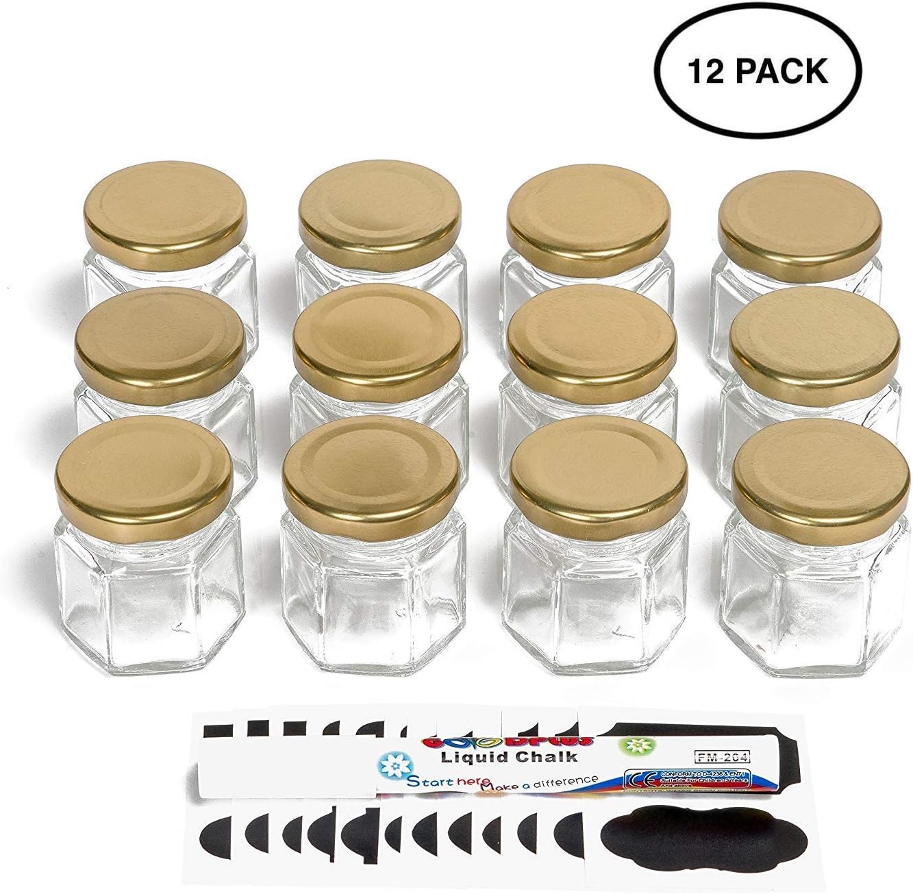 Hexagon Glass Jars by Nellam - 1.5oz, 12 Pack with 24 Chalk Sticker Labels and Chalk Pen - DIY Jars for Canning, Party and Wedding Favors, Jams, Sauces, Herbs, Spices. (Gold Lid)