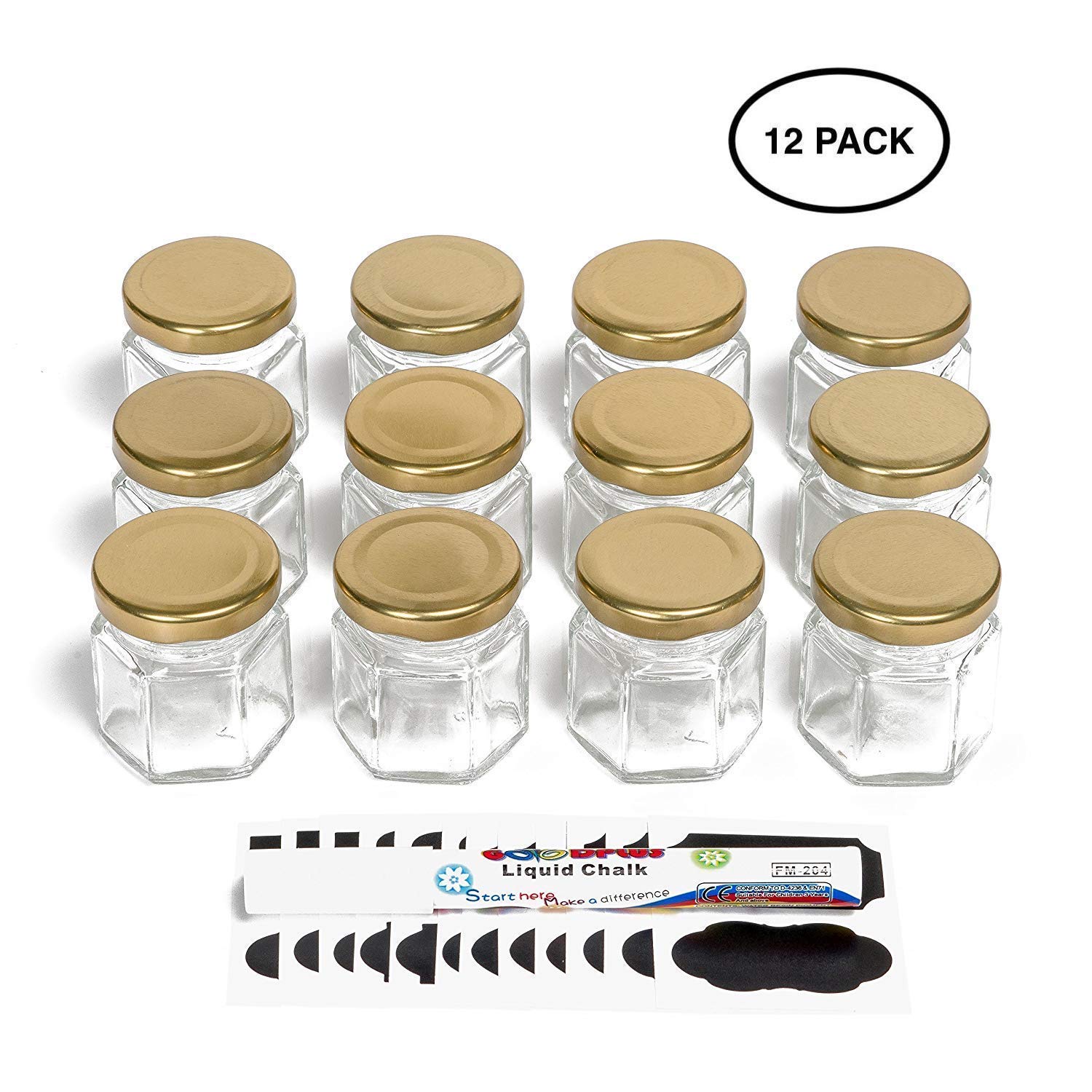 Hexagon Glass Jars by Nellam - 1.5oz, 12 Pack with 24 Chalk Sticker Labels and Chalk Pen - DIY Jars for Canning, Party and Wedding Favors, Jams, Sauces, Herbs, Spices. (Gold Lid)