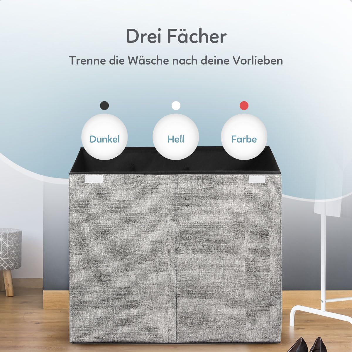 Wäschekorb - 3 Fächer Mit Deckel - Faltbarer Doppelwäschekorb - Wäschebox - Organizer für Kleidung - Stoff - Grau - 110 Liter