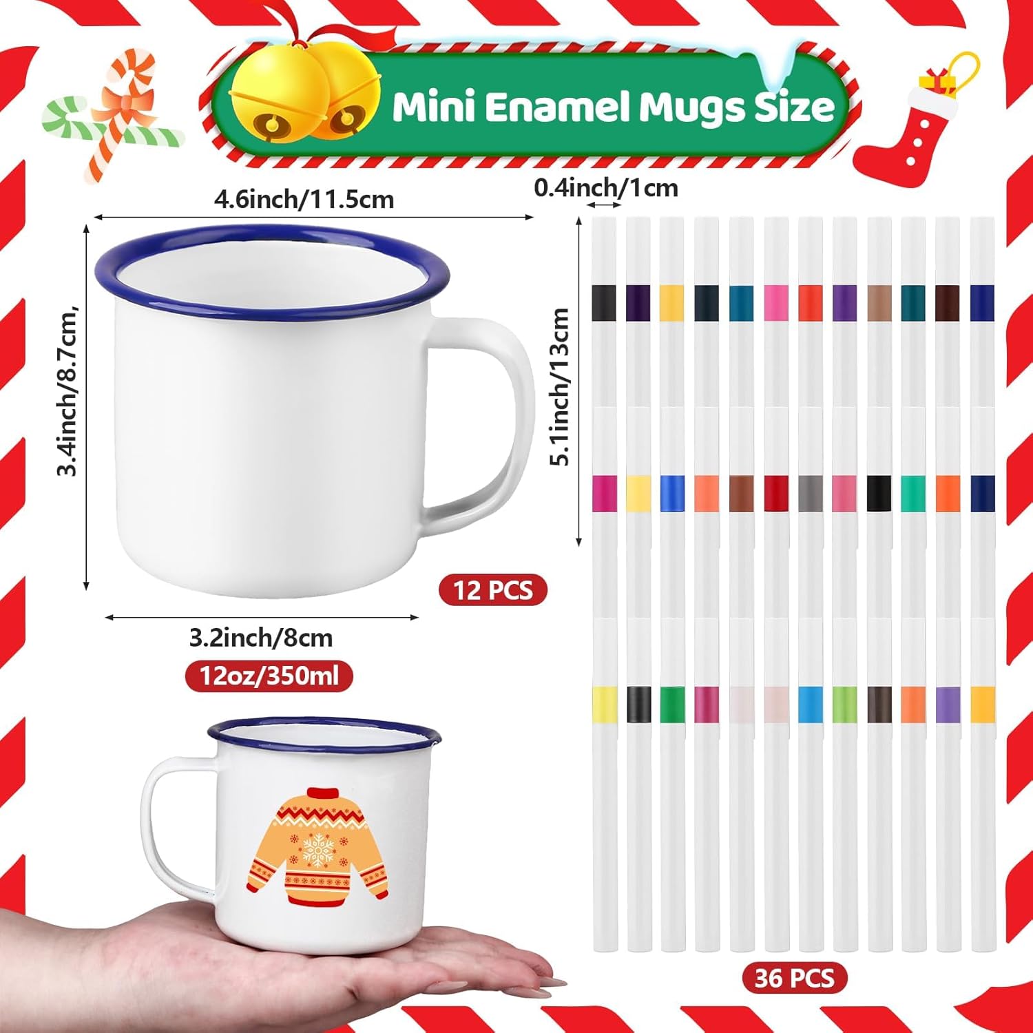 48 Pcs Painted Mug Kit Bulk 12 oz Enamel Mugs with Handle Color Your Own Cups White Enamel Mug Vintage Round Water Milk Tea Mugs DIY Coffee Cup for Craft Decor Drinking Christmas Mothers Fathers Day - Image 2