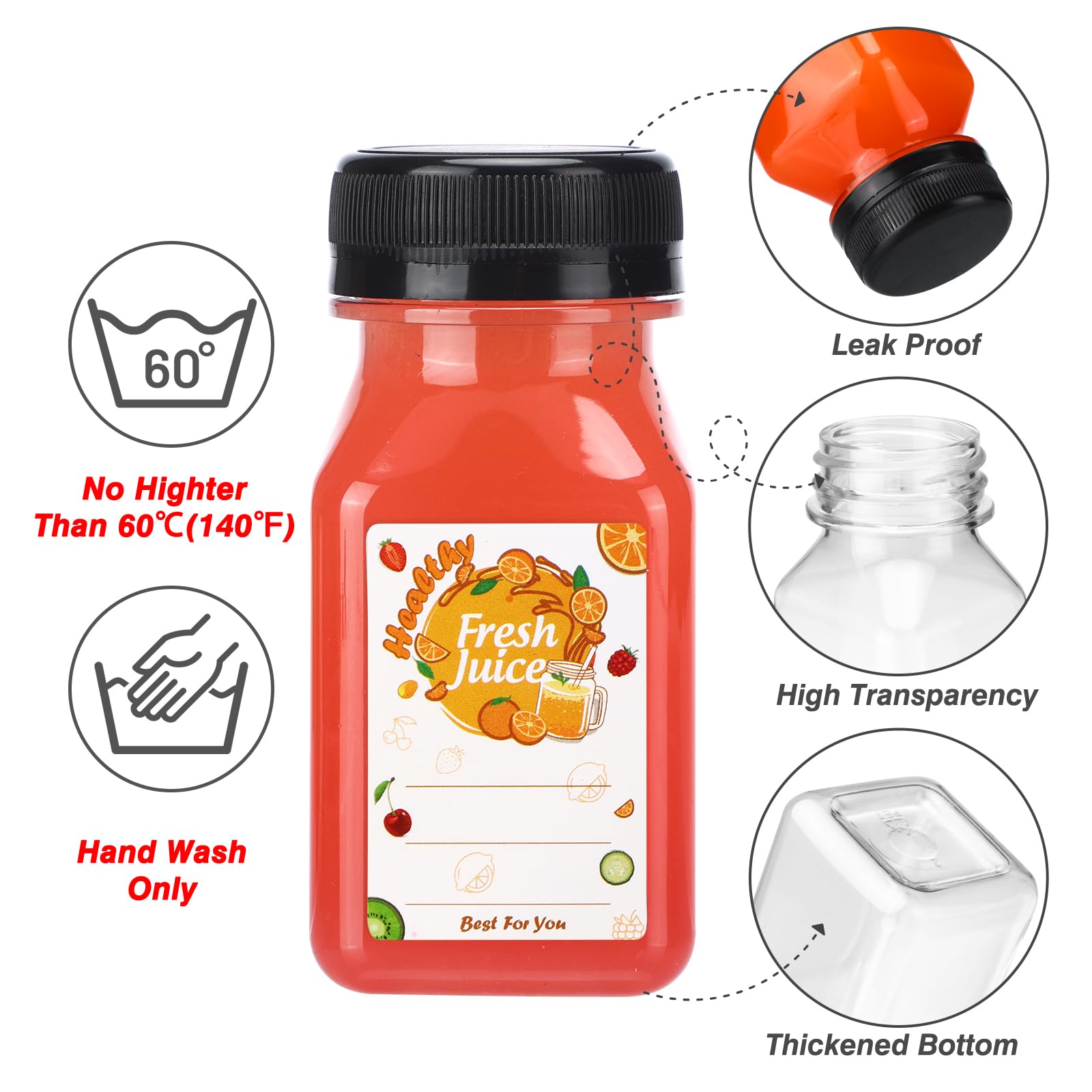 Moretoes 42pcs 4oz Plastic Juice Bottles with Black Caps Empty Reusable Clear Bottles with Label, Funnel and Brush Beverage Containers Bulk with Lids for Juicing, Smoothies, Drinking, Fridge