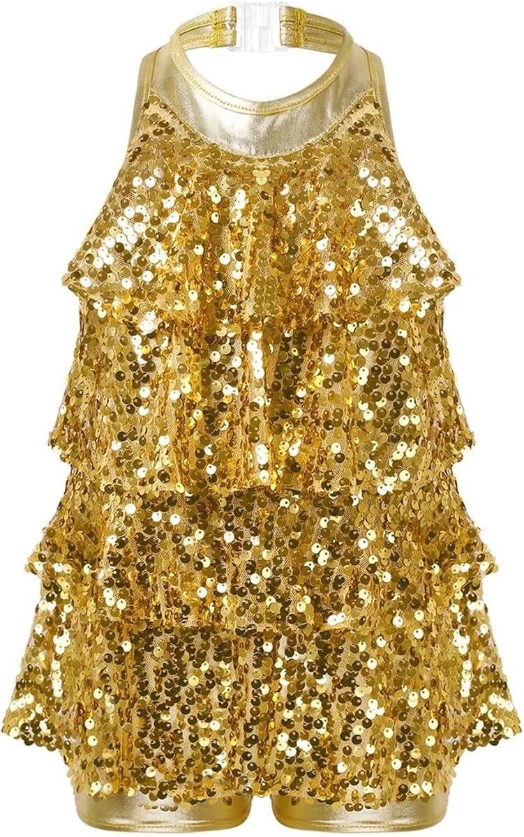 Girls Ballet Jazz Latin Dance Costume Sleeveless Sequins Leotard Dress Stage Performance Dancewear