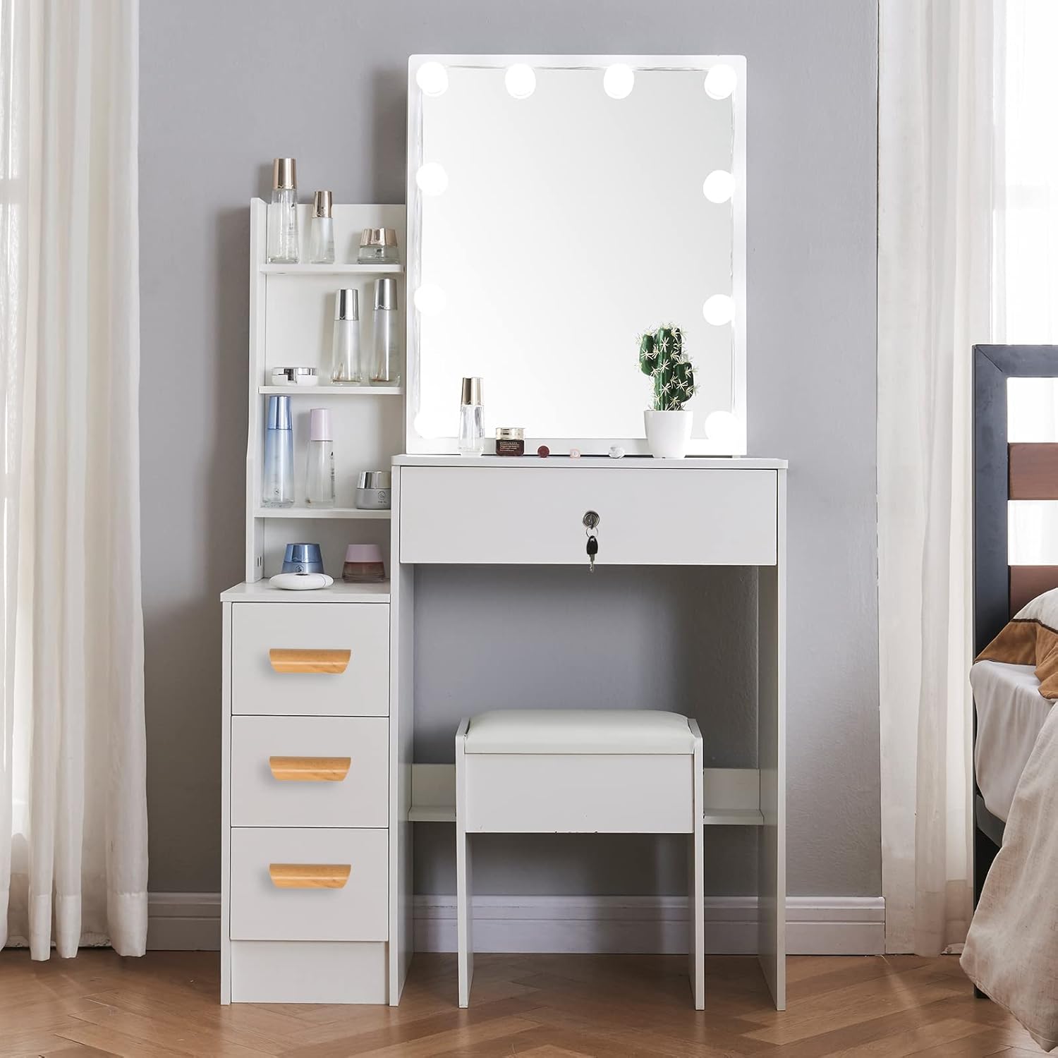 saicheng Vanity Desk with Mirror and Lights, White Vanity