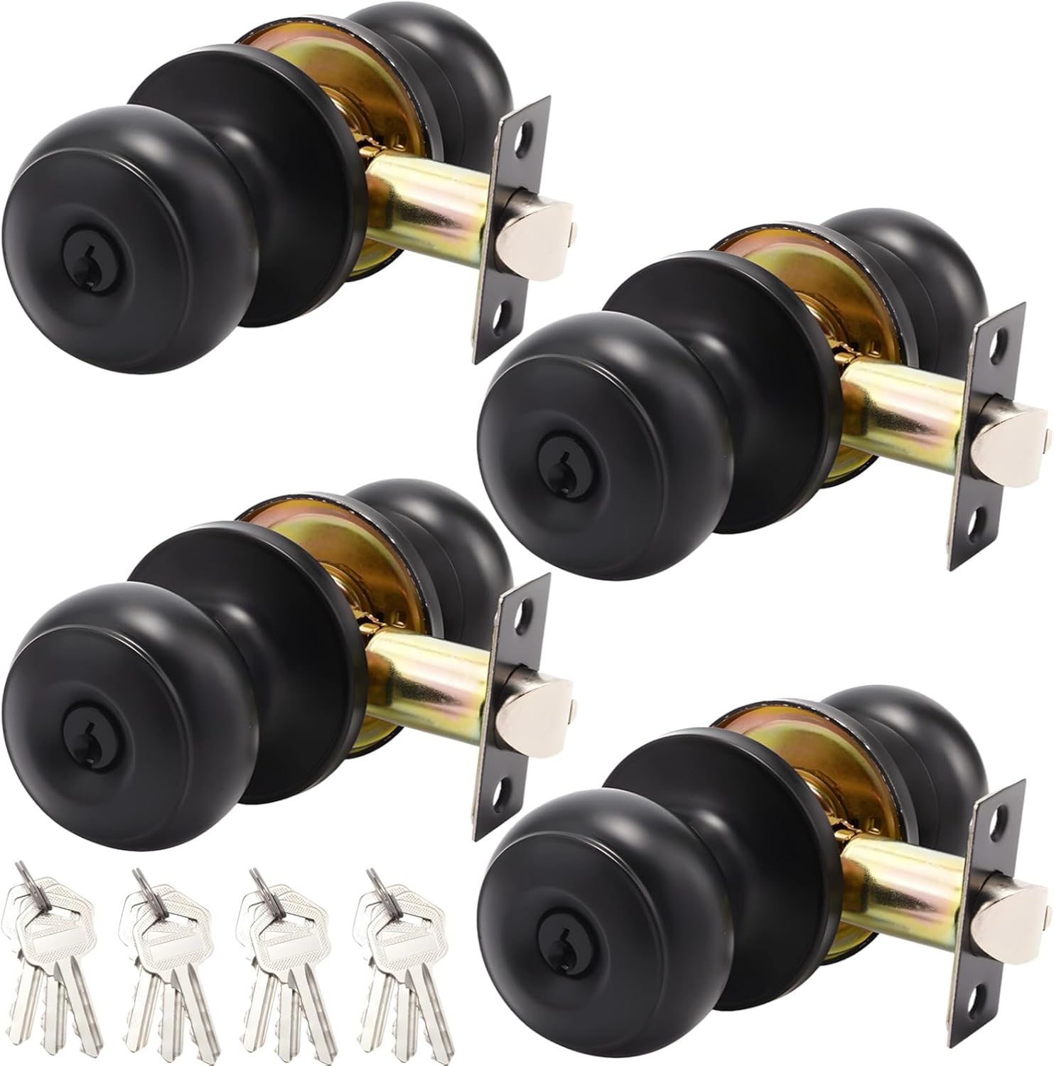 4 Pack Door Security Lock, Metal Door Knobs with Locks for Entry, Bathroom, Bedroom, Interior and Exterior Door Lock, Matte Black Finish, Simple Installation