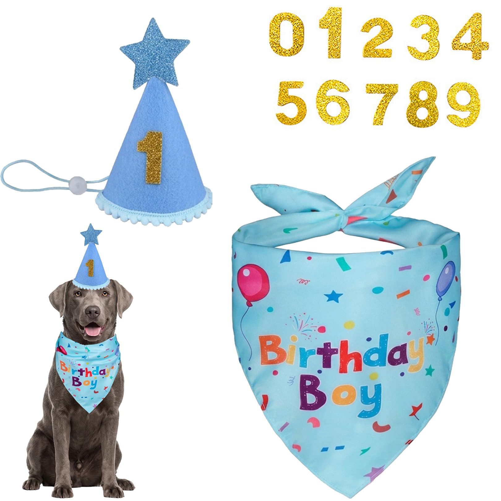 Dog Birthday Bandana Sets,Adjustable Dog Birthday Hat,Reusable Doggy Party Supplies,Dogs Bandana Triangle Scarf,Pet Bandanas with Parties Hats & Number Candle,Puppy Birthdays Accessories Decoration