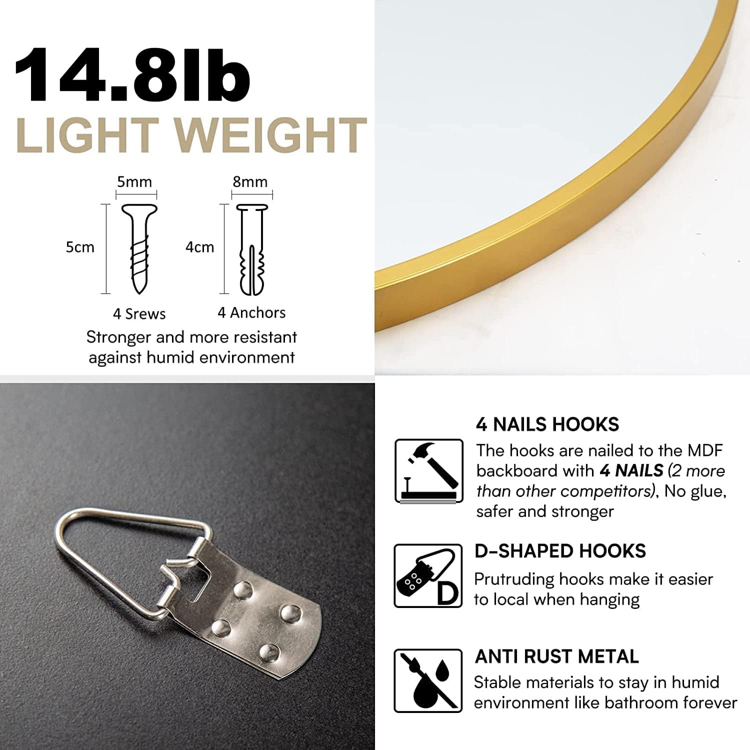 HOWOFURN Wall Mounted Mirror, 24’’x36’’ Oval Bathroom Mirror, Gold Vanity Wall Mirror w/Stainless Steel Metal Frame & Pre-Set Hooks for Vertical & Horizontal Hang