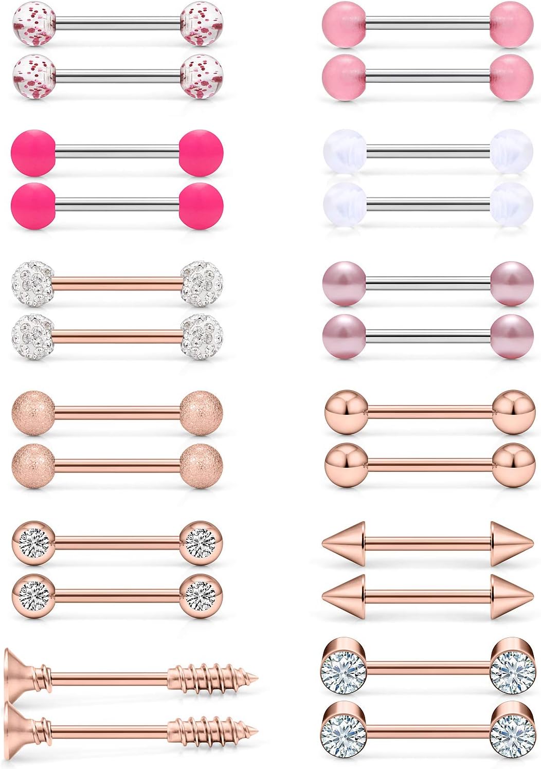 Cisyozi 16G 14G Nipple Piercing Jewelry Tongue Rings Hypoallergenic 316L Surgical Steel Nipple Tongue Barbells Piercing Jewelry for Women Men Shining and Cute 12 Pairs