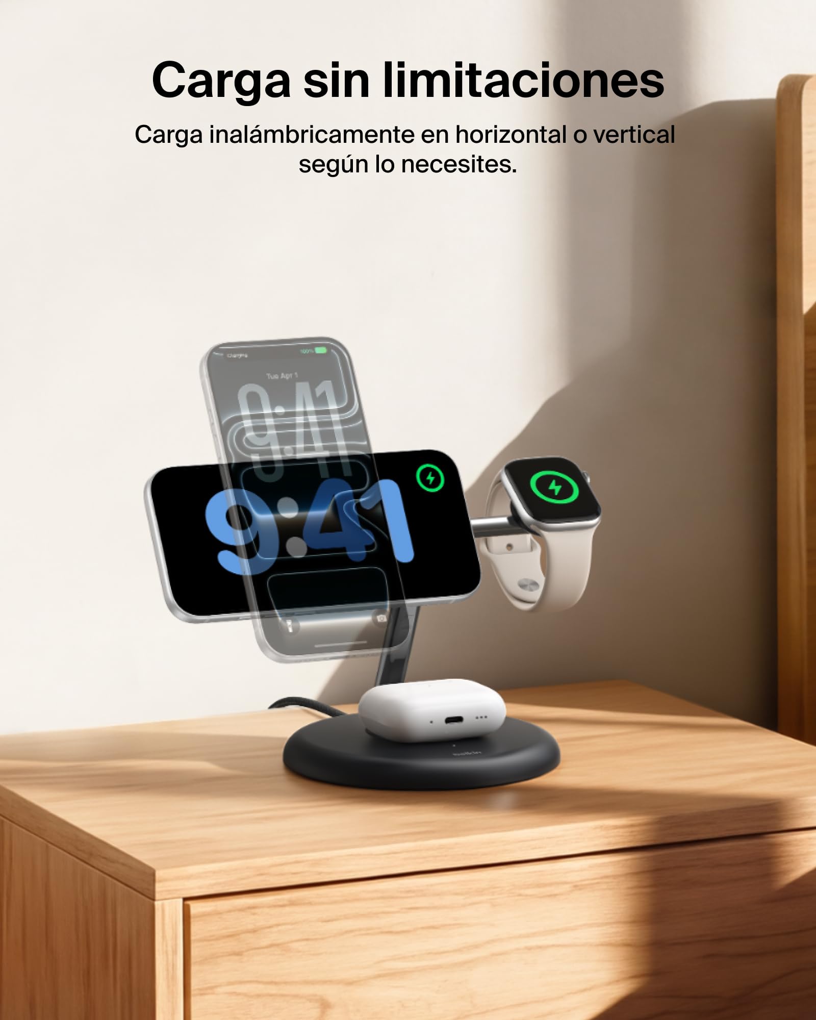 Belkin UltraCharge Pro Cargador Inalámbrico Magnético 3 en 1 Qi2 25W Negro | Estación de Carga Inalámbrica MagSafe, Certificación Qi2.2, iPhone, Apple Watch y Auriculares, Cable USB C y Adaptador 45W