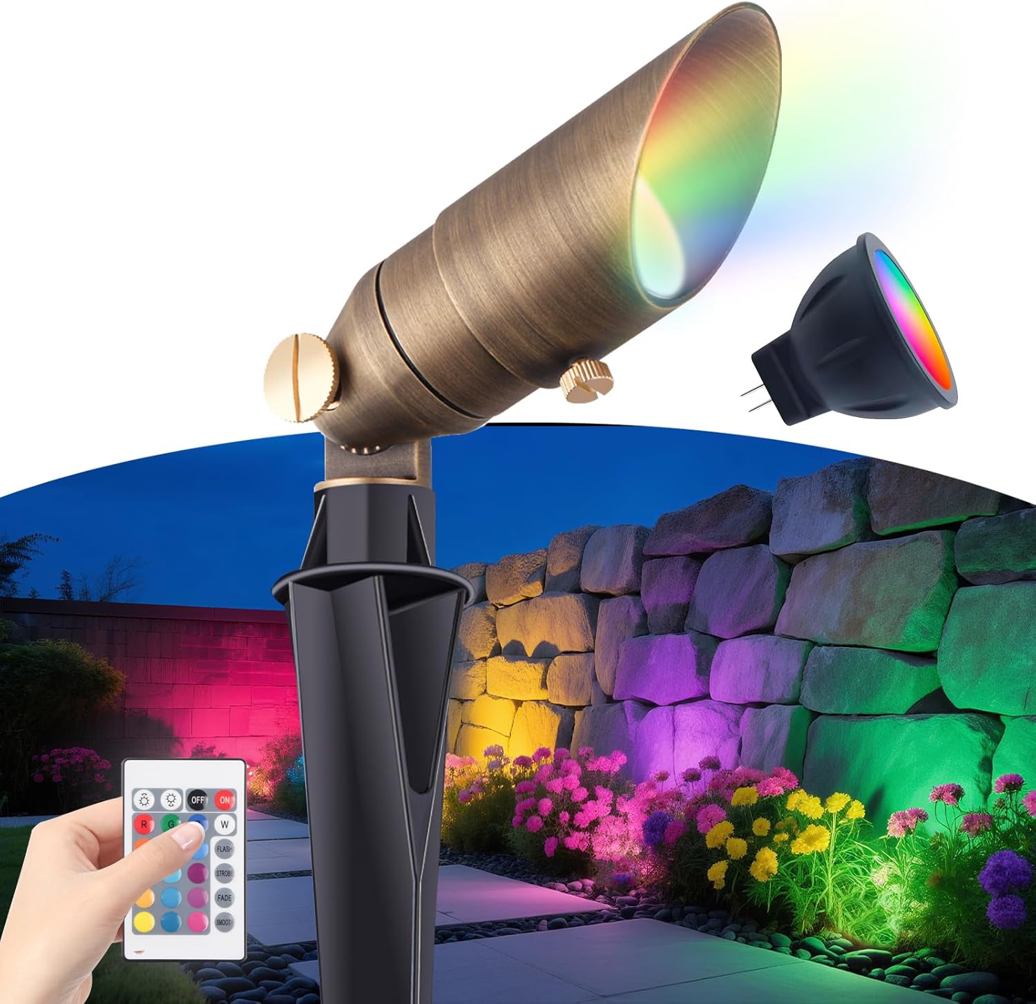Color Changing Brass Landscape Light, 12V Low Voltage Mini Spotlight, 16-Color RGB+Warm White 3W MR11 LED Bulb with Remote Control, Weatherproof for Outdoor Garden Yard Lighting