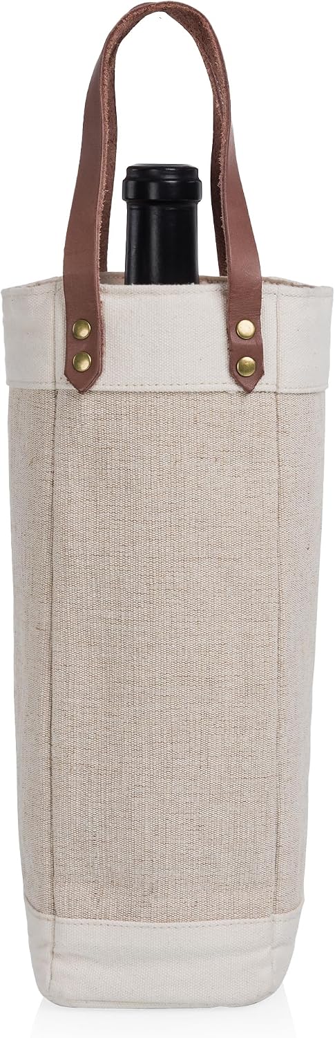 PICNIC TIME Pinot Jute Single Bottle Insulated Wine Bag, Wine Tote Bag, Wine Gift Bag, (Beige)