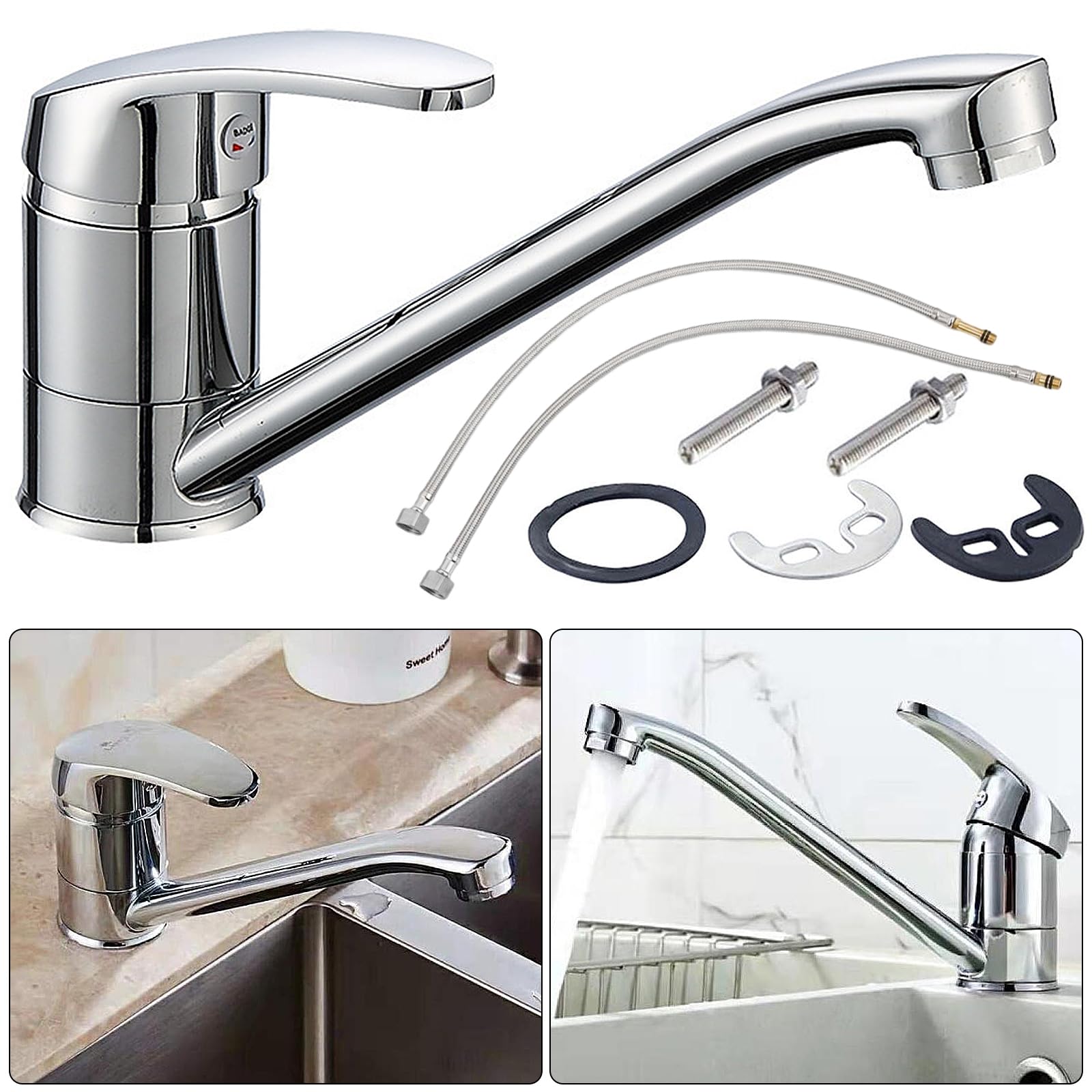 Kitchen Mixer Tap with Long Swivel Spout,Single Top Lever Kitchen Mixer Tap Mit 2pcs Hoses 60cm 1/2 Monobloc Faucet for Caravan & Home Sinks Bar Sink Faucet Tap - Image 2