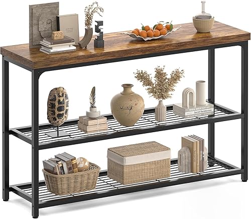 Miniatura 11 de Mesa de Consola Pequeña de 32" con Almacenamiento, Mesa de Entrada Estrecha de 3 Niveles, Mesa de Sofá Resistente con Estantes de Malla, Mesas de