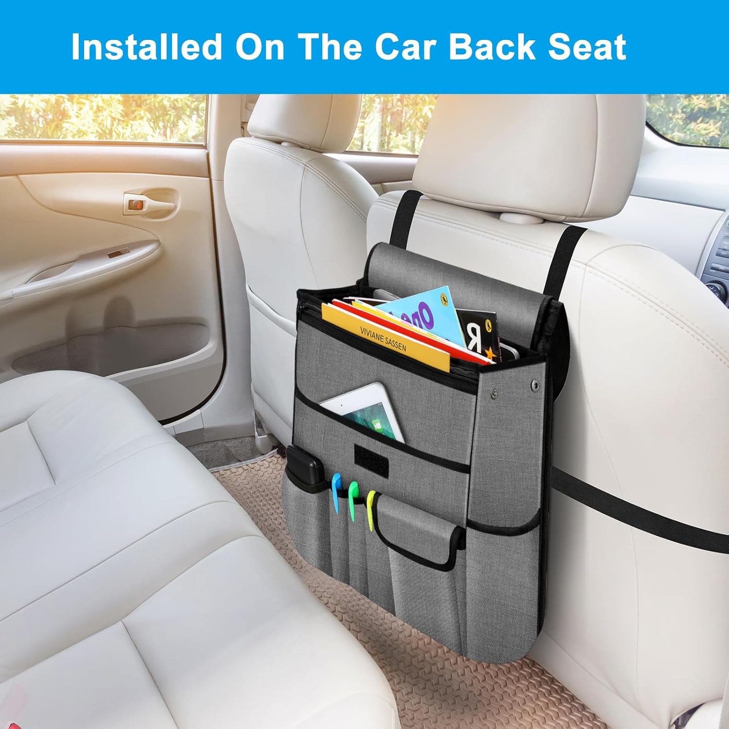 Car Front Seat Organizer| Efficient Car Organizers and Storage | Laptop,Tablet Pockets, Adjustable Straps,Kid-Friendly, Multi-Pocket, Cup Holders, Sturdy and Durable, Grey