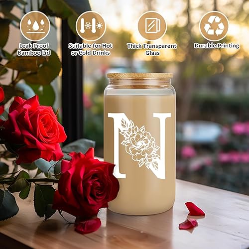 Miniatura 2 de Taza de Vidrio Inicial Coolife, Regalos Personalizados para Mujeres, Tazas de Vidrio de 16 oz con Tapas y Popotes, Vaso de Café Helado, Licuado