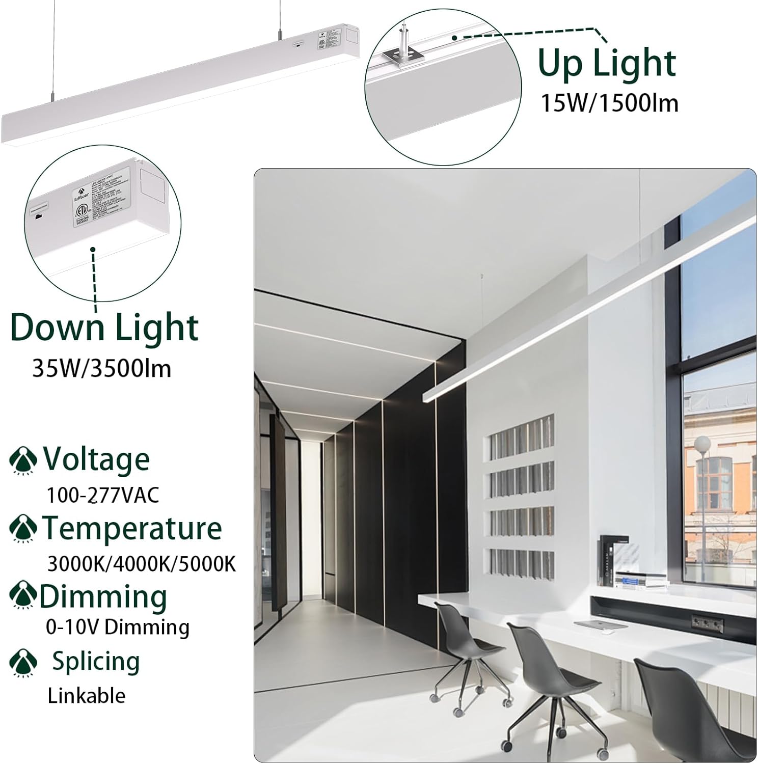 4FT LED Linear Light Fixture,35W Down + 15W Up Lights,5000LM,3/4/5000K 3CCT,0-10V Dimmable,ETL Certified,Linkable 8FT/12FT/16FT Lighting for Offices Shops Garage Colleges,4 Pack