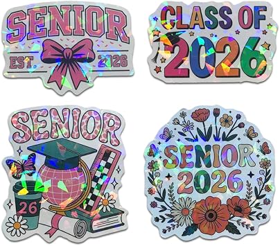 Set of 4 Senior 2026 Holographic Sticker Pack, Cute Girly High School Waterproof Decal for Student Graduation Class of 2026 Gift, College Student Decoration for Laptop Tablet Kindle 3 Inches