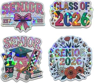(Set of 4) Senior 2026 Holographic Sticker Pack, Cute Girly High School Waterproof Decal for Student Graduation Class of 2026 Gift, College Student Decoration for Laptop Tablet Kindle 3 Inches