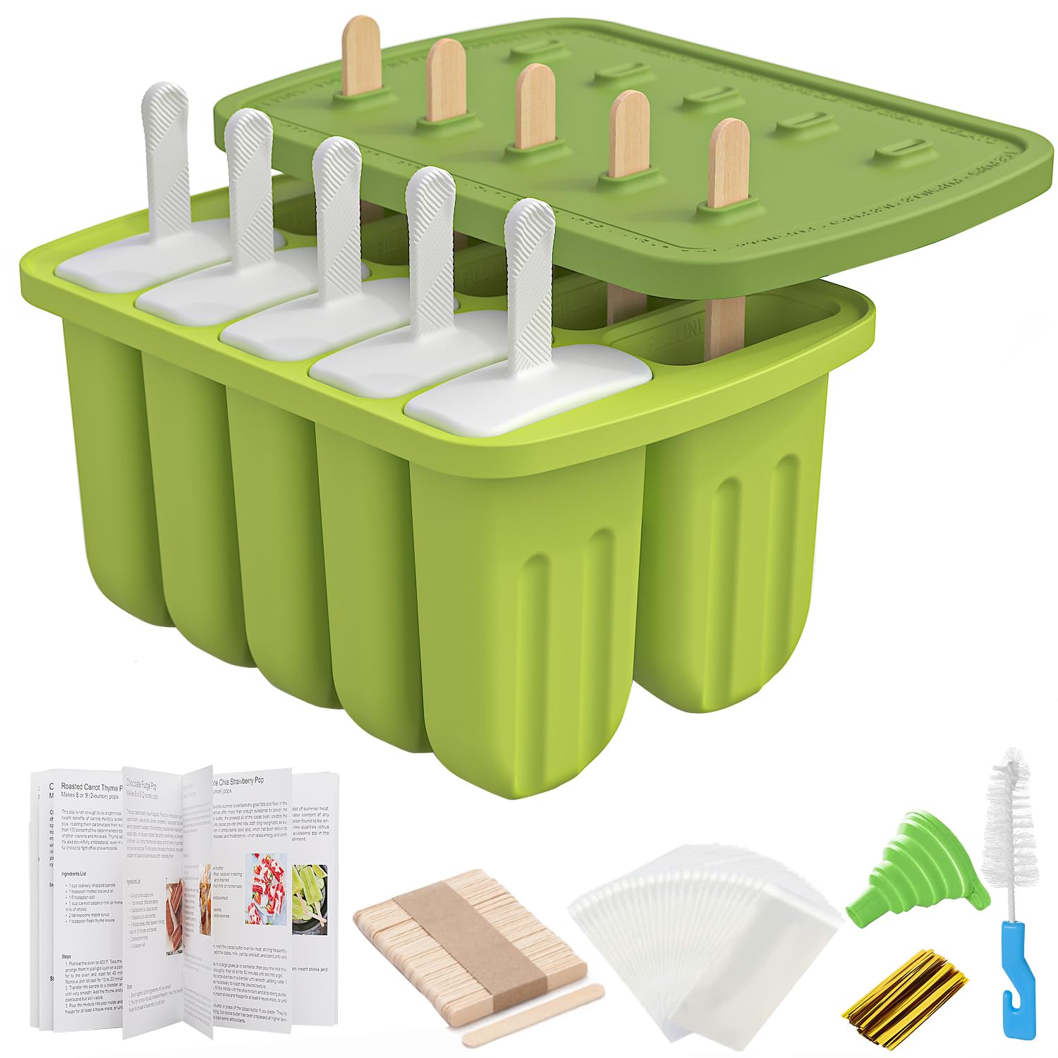 Ice Lolly Mould 10 Pieces Silicone Popsicle Mold BPA Free Homemade Reusable Ice Cream Moulds with 50 Wooden Sticks,50 Bags,10 Reusable Sticks, Funnel,Brush and Recipe (Green) — image 1