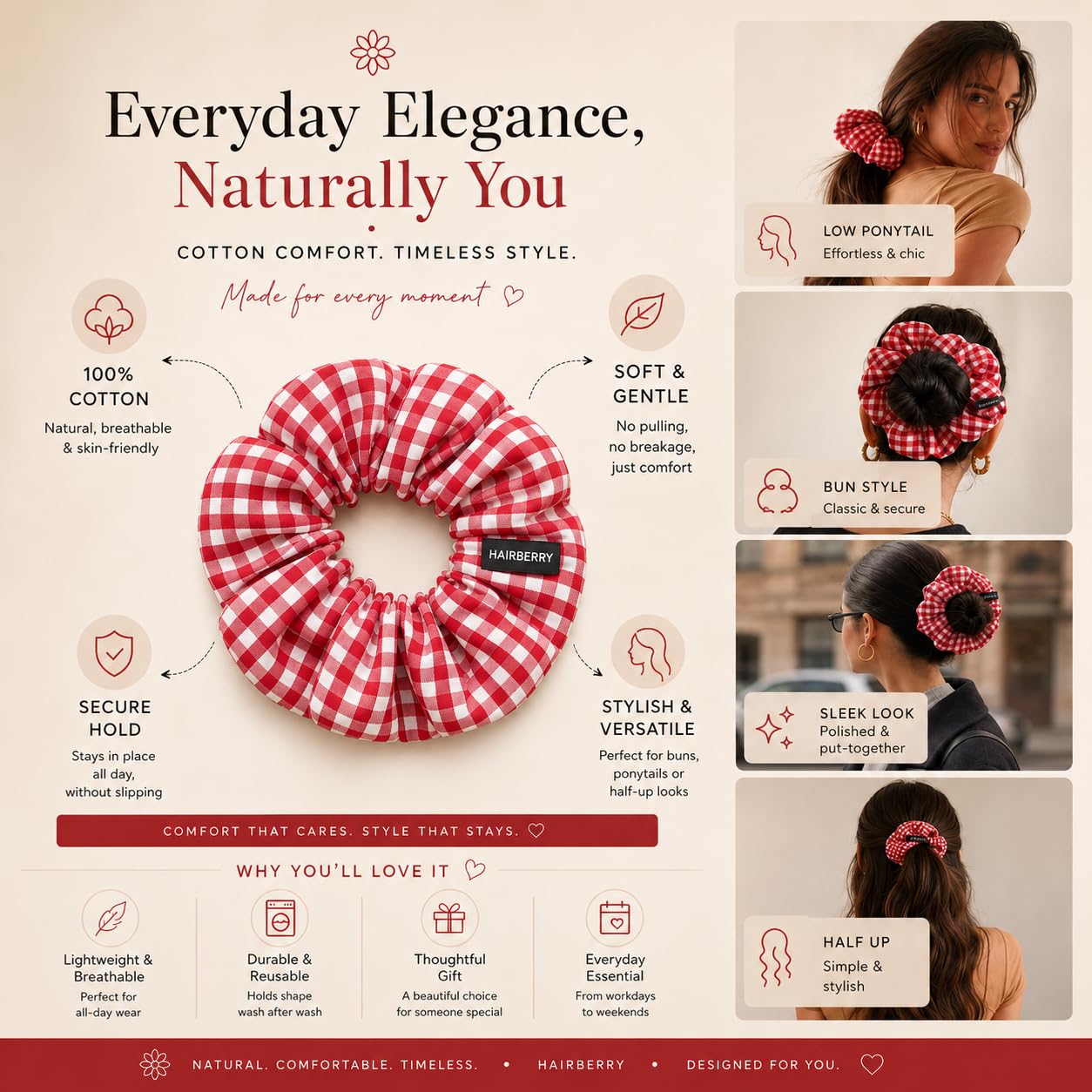 Red & White Checks Cotton Beautiful Hair Scrunchie For Girl Use for Collage & Casual Styling 1