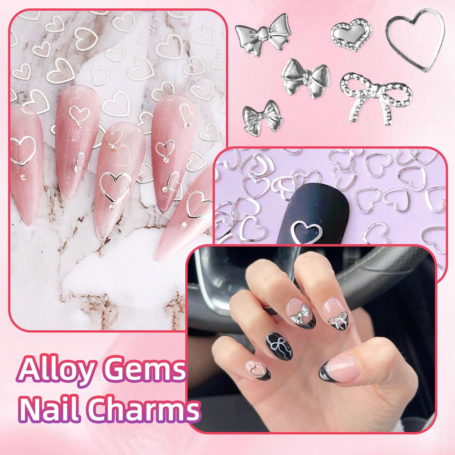 Gold Silver Bow Heart Nail Charms, Hearts Bows Metal Rivet Nail Art Studs, Hollow Bowknot Nails Art Jewelry Charms for Nails DIY Decoration