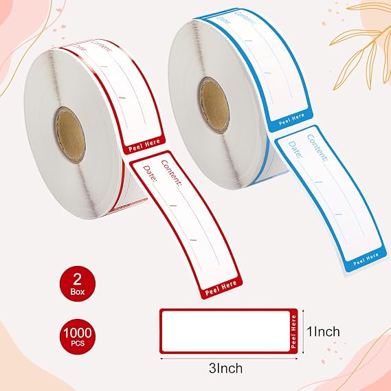 1000 Freezer Labels with Dispenser, 1 x 3, Removable, Red/Blue