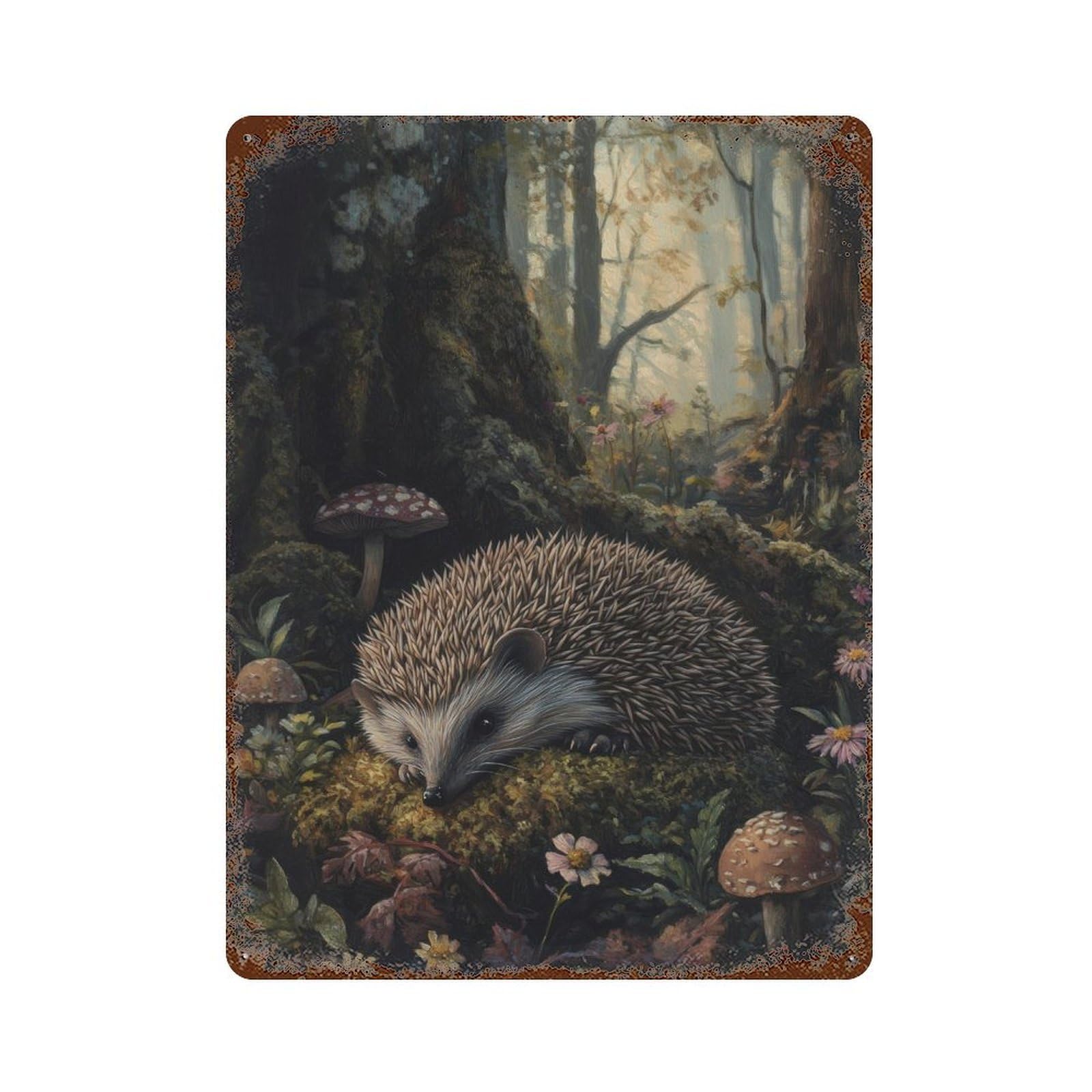 Hedgehog Cottagecore Dark Academia Decor Antique Animal Illustration Woodland Rustic Vintage Wall Decor Art Metal Tin Poster Modern Home Decor Art Home Bar Shop Decorations Vintage Sign 40x30cm