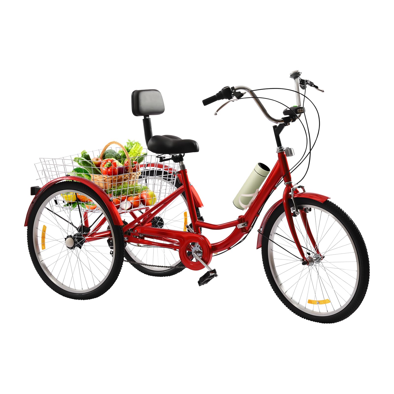 Triciclo da 24 Pollici per Adulti, a 7 Marce, Triciclo Pieghevole con Schienale e Cestino, 3 Ruote, Bici 24 Pollici con Luce, Bicicletta Pieghevole Adulto per Sport all'aria Aperta, Shopping