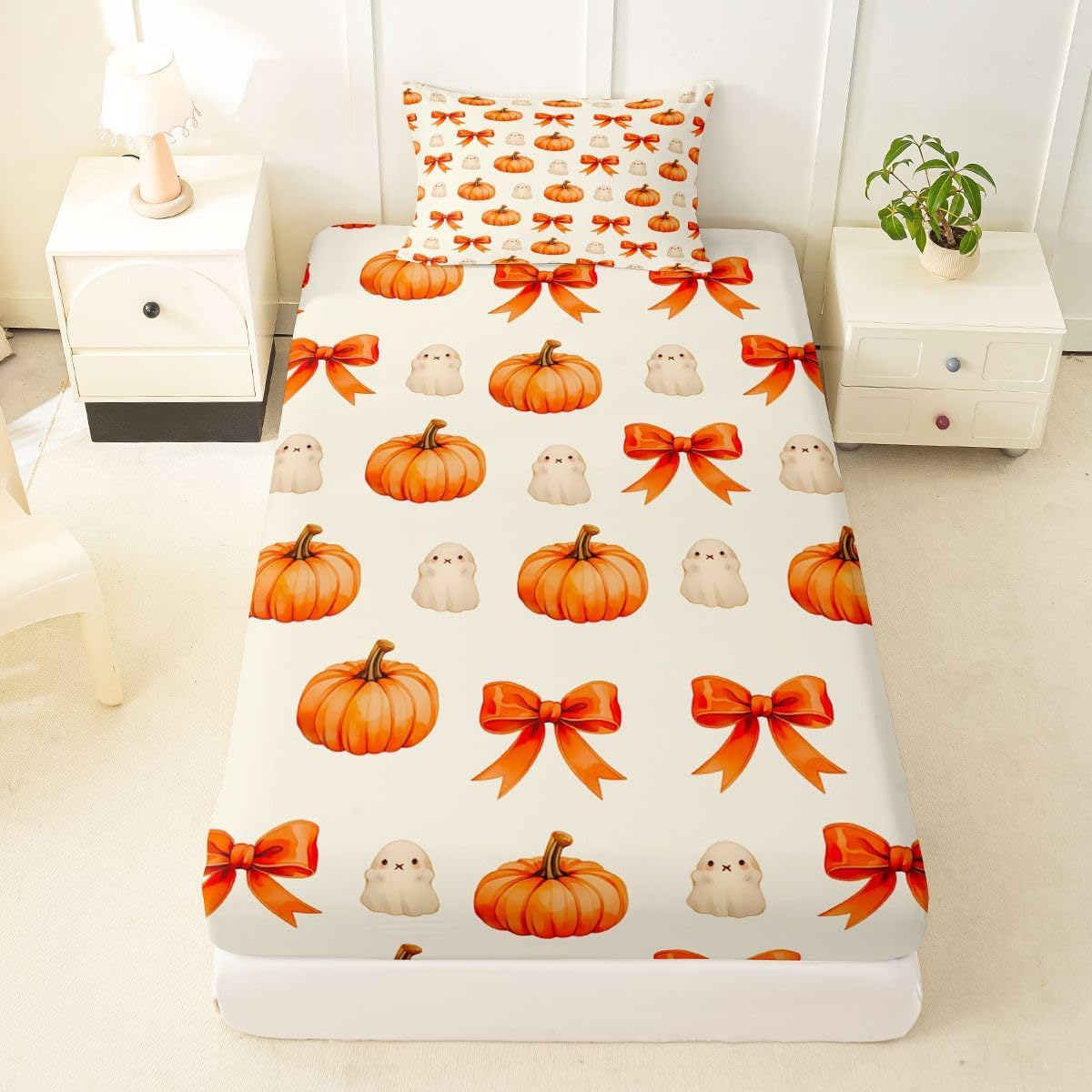 Castle Fairy Cute Ghost Kids Twin Size Fitted Sheet,Bow Pumpkin Boys Girls Bed Sheets,Happy Halloween Room Decor,Beige Orange Bedding Set,1 Pillowcase(No Flat Sheet)