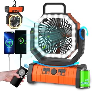 ADUST 20000mAh Rechargeable Camping Fan with LED Light, Power Bank, Remote, Hanging Hook - Portable Tent Fan, 4 Speeds, Orange