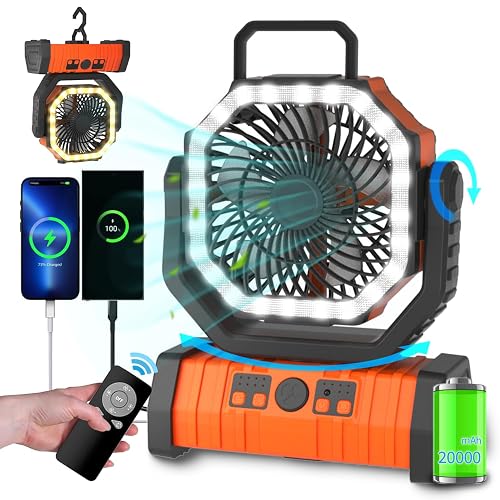ADUST Camping Fan - 20000mAh Battery Powered Fan Battery Operated Rechargeable Portable Outdoor Tent Fans with Hanging Hook, Cordless, 4 Speeds, Remote Control - Orange