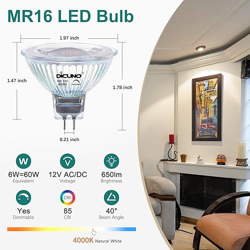 Miniatura 2 de DiCUNO Bombilla LED MR16 regulable, equivalente a 60 W, blanco natural de 4000 K, bombilla base GU5.3 de 6 W, ángulo de haz de 40 grados, 650 lm, 12