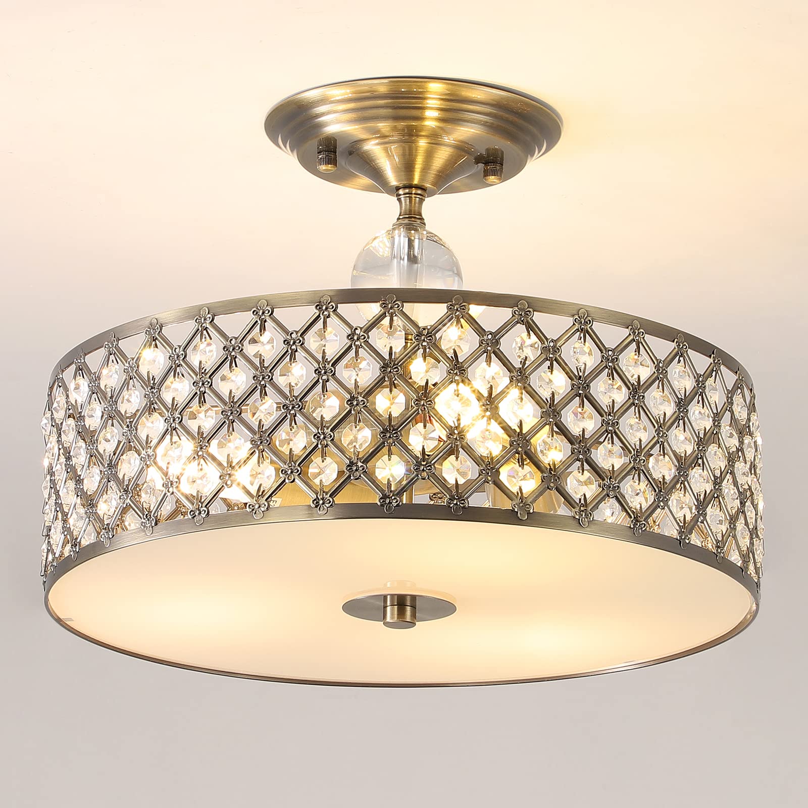 Harper Living Unisex Light Bronze Semi Flush Ceiling Light Drum W/ Decorative Crystals In