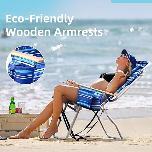 Miniatura 4 de Sillas de playa altas para adultos, silla de playa con mochila de 17 pulgadas de alto con reposabrazos de madera, silla reclinable resistente de 5