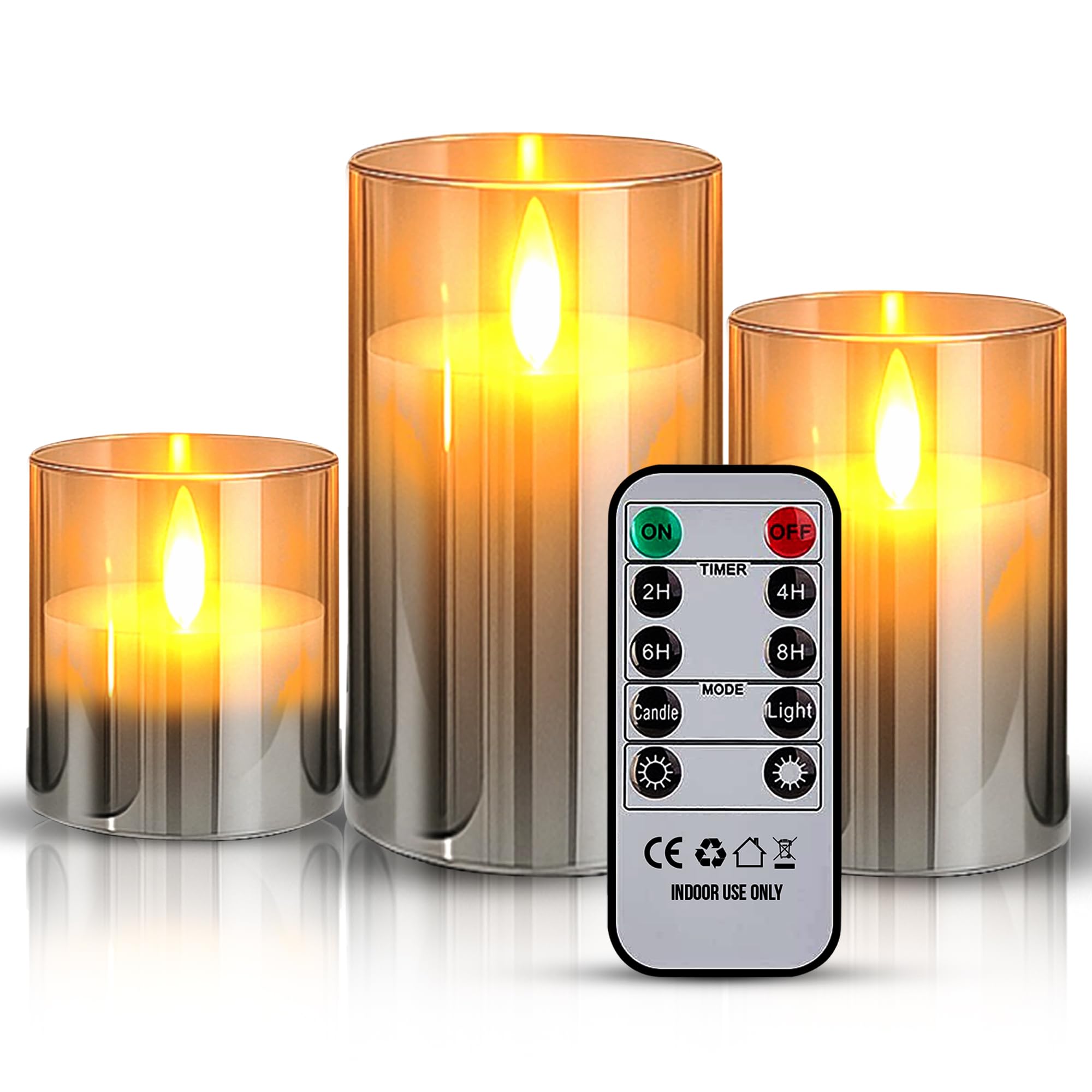 LKH Flickering Glass LED Candles Pack of 3 - Warm White Light Battery Operated Candles with Remote Control - Adjustable Brightness Flickering Flameless LED Candle Ideal for Home Decor & Gifts Giving
