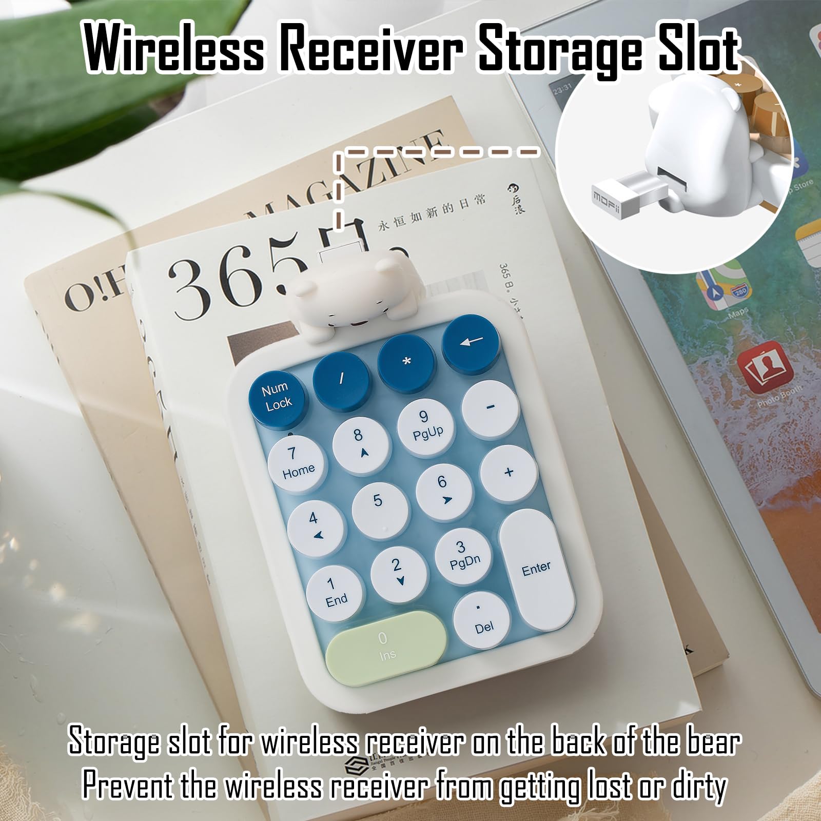 Lomiluskr Simpatico tastierino numerico wireless con orso in silicone, tasti rotondi colorati, connessione wireless USB 2,4 G, tastiera numerica portatile per contabilità finanziaria, adatta per PC