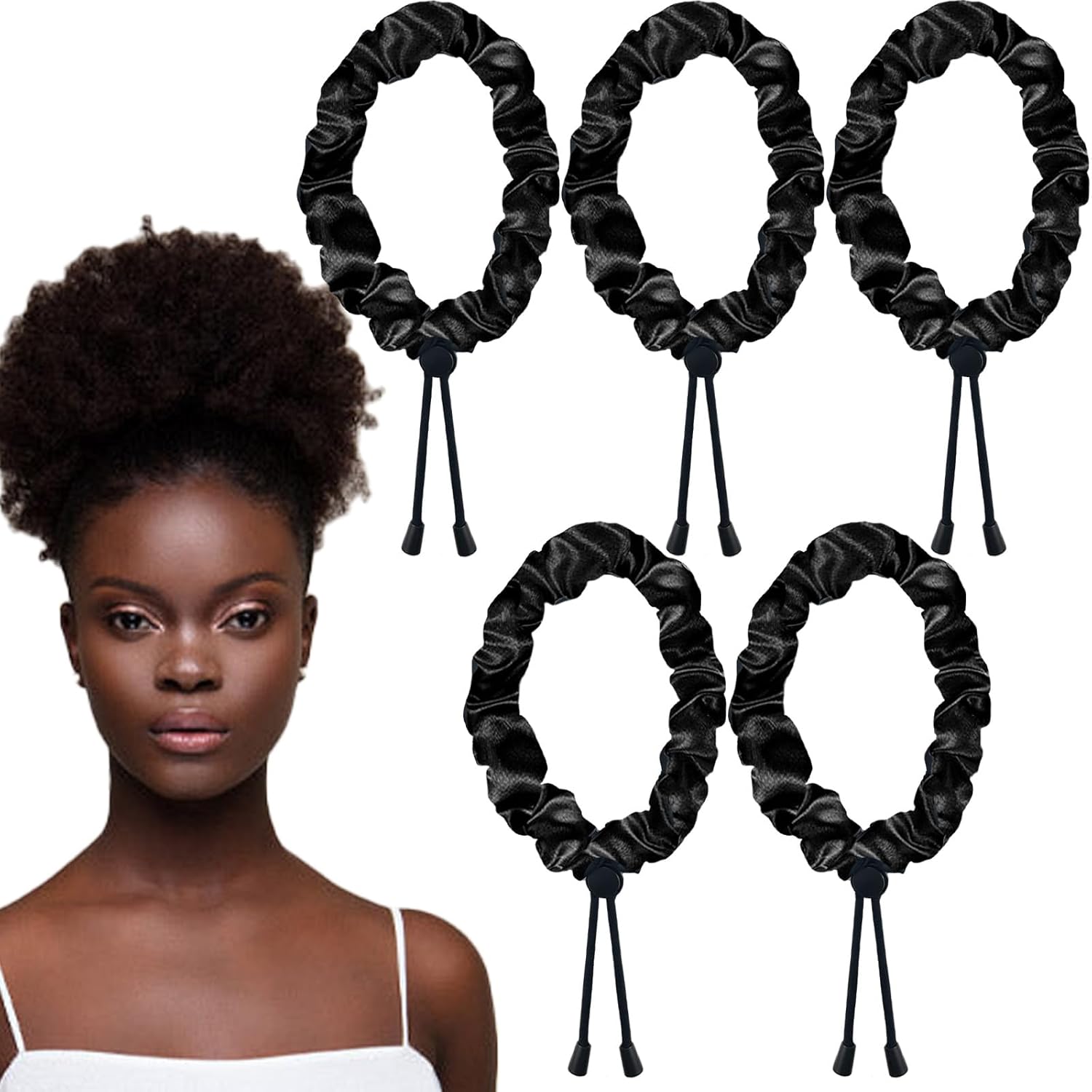 5 Pcs Adjustable Satin Hair Tie for Thick Hair，Large Scrunchies for Natural& Curly Hairstyle, Locs Afro Puff Ponytail Holders, Puff Tie for Black Women