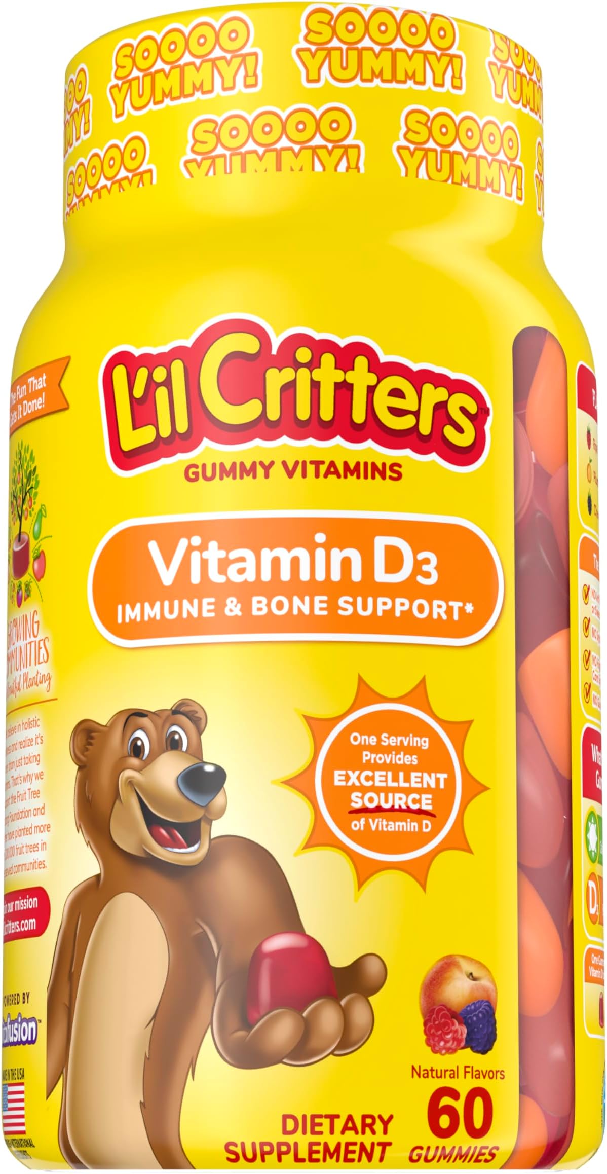 L’il Critters Vitamin D3 Daily Gummy Supplement for Kids, for Immune & Bone Support, Peach and Berry Flavors, 60 Gummies