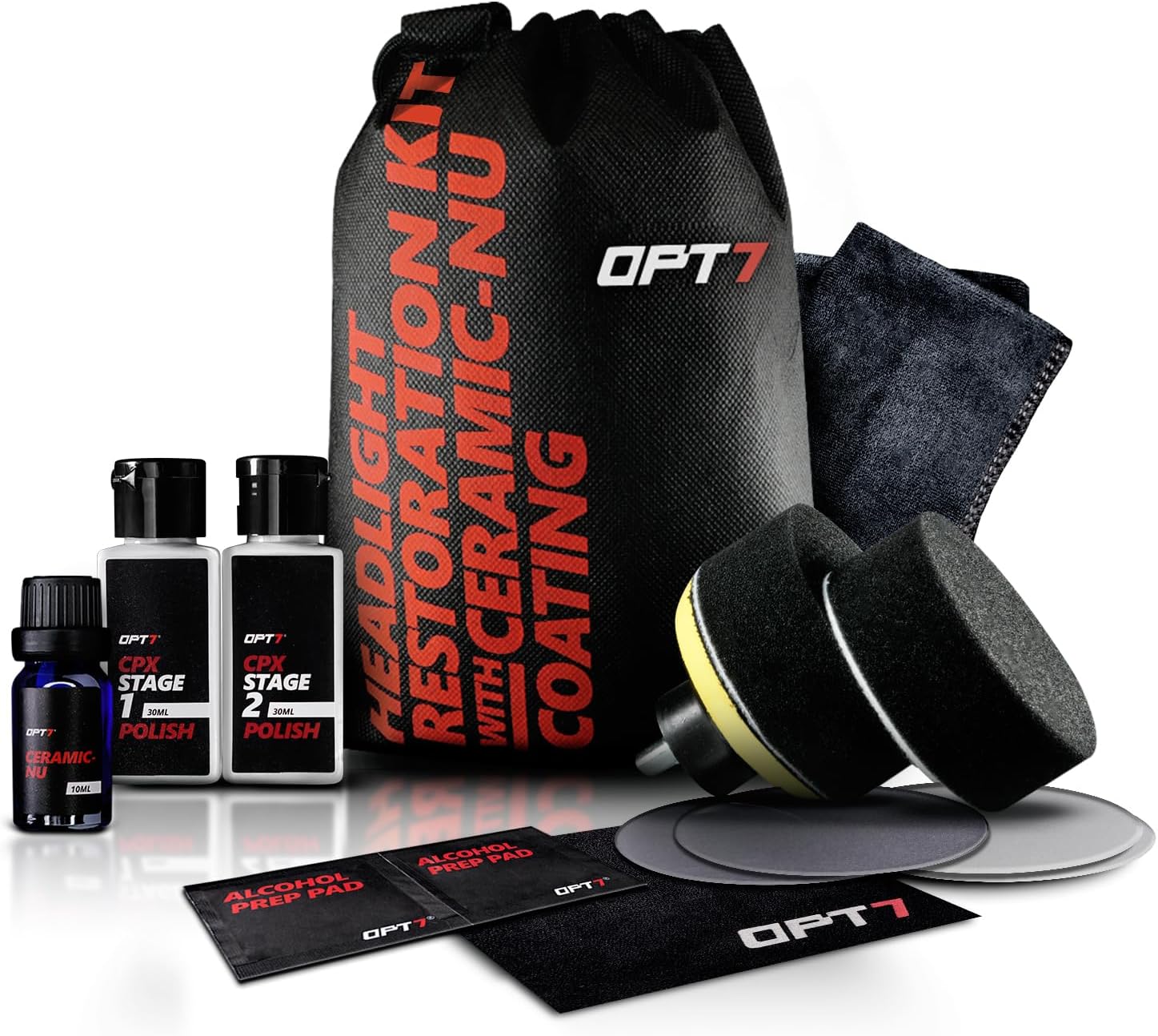 OPT7 Headlight Restoration Kit w/excl Ceramic Nu Coating – Professional Detailers Grade –Lens Polisher Drill Set.