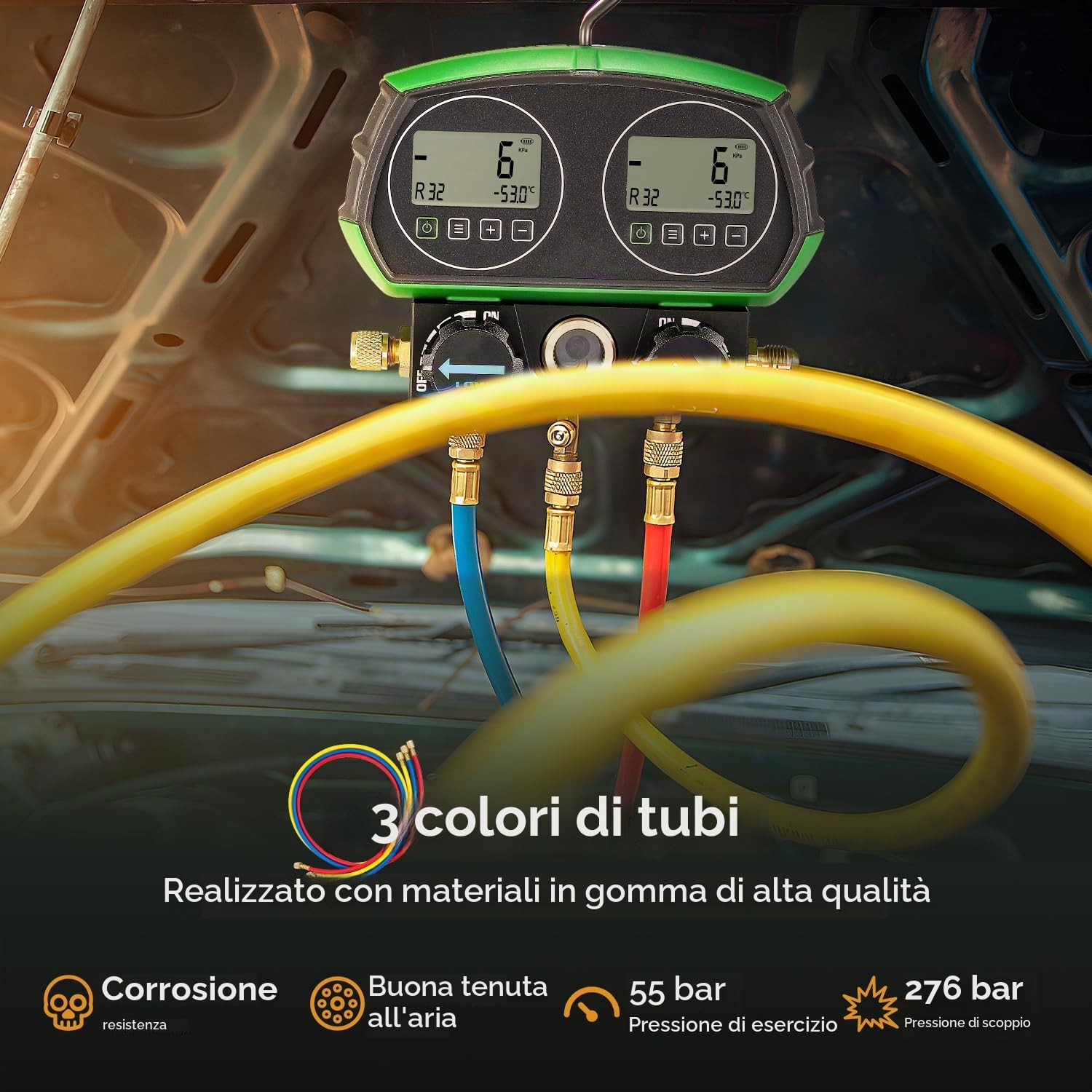 Bonvoisin HVAC Kit Manometro Digitale, 90 Tipi di Dati di Refrigerazione, Schermo Doppio, con Tubi Refrigeranti, per La Prova di Mantenimento del Frigorifero del Condizionatore d'Aria | Manometro Digitale Per Refrigerante a 3 Modalità, Database 90 Refrige