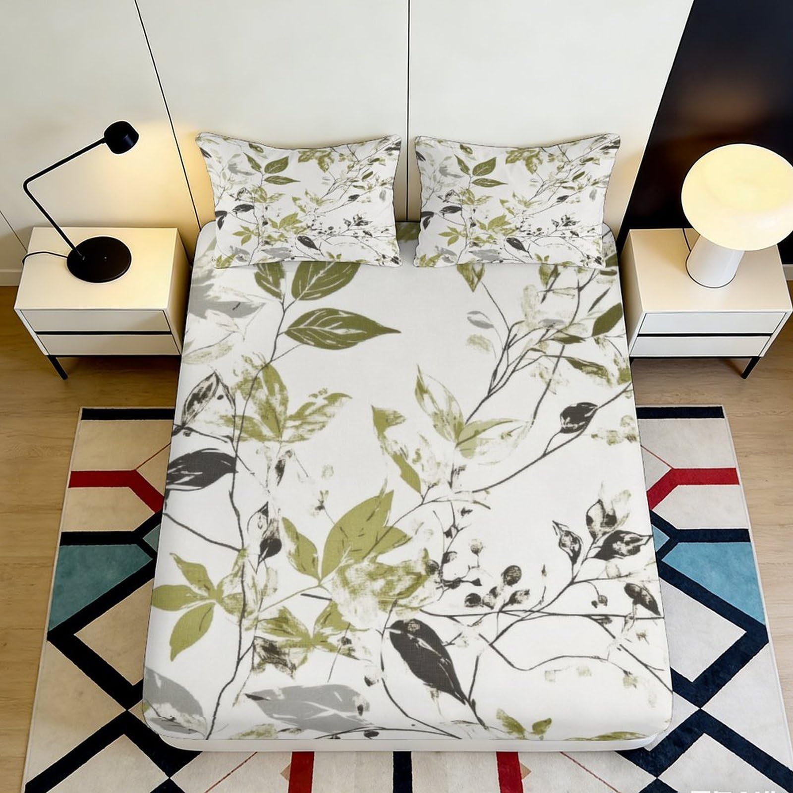 3D Printed Botanical Leaf Fitted Sheet Microfiber Soft Non-Slip Bird Branch Bed Cover for Bedroom Guest Room Decor 140x200x25cm